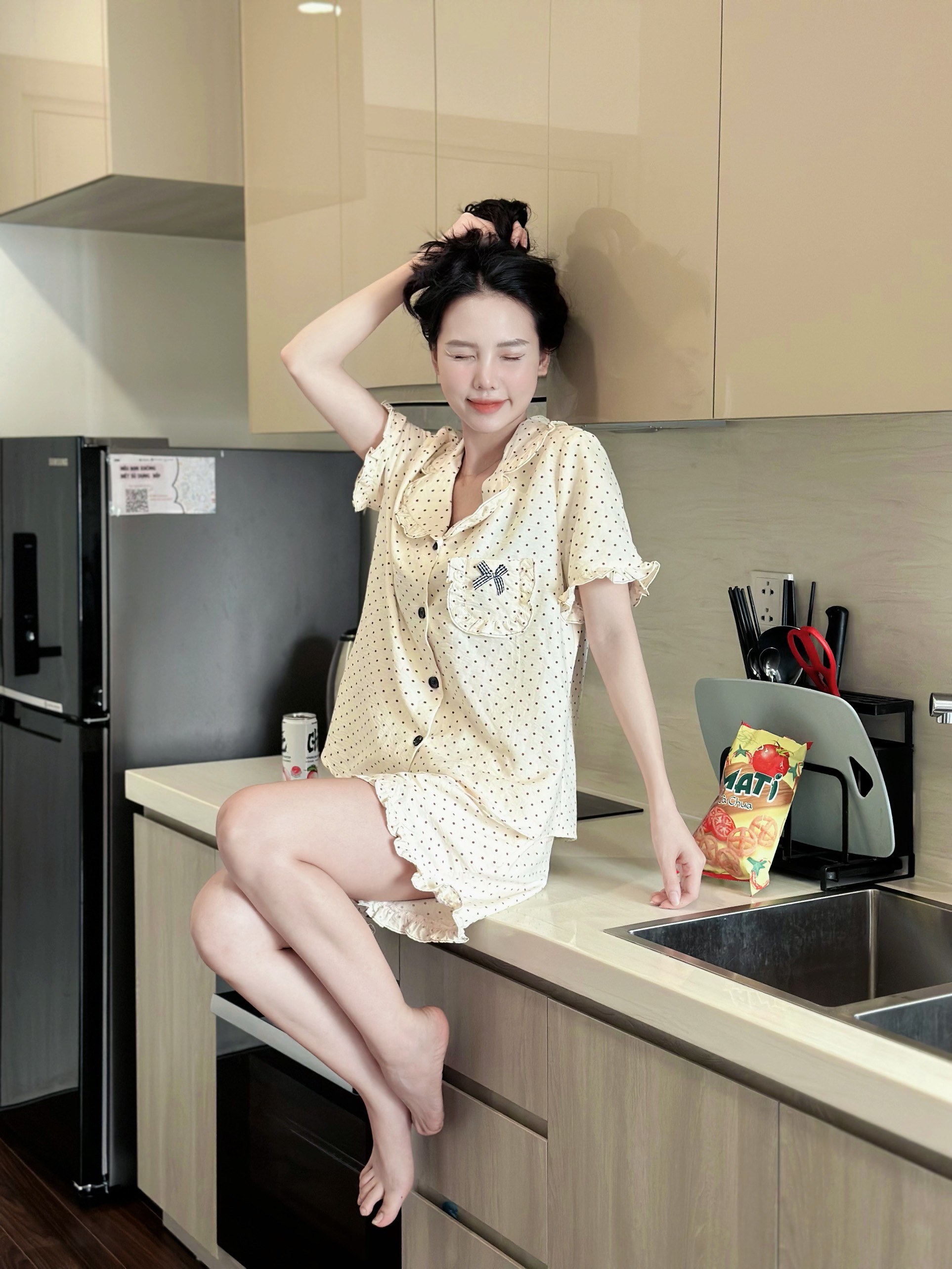 Bộ Pijama chấm bi chất liệu thô đũi Nhật vải nhập khẩu siêu xinh yêu cho các nàng , từ 40-65kg , hàng thiết kế thương hiệu ANT_P01