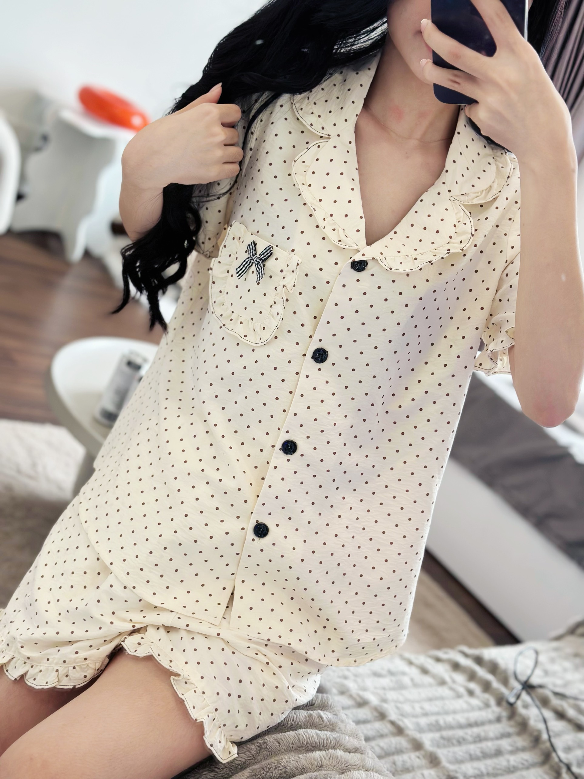 Bộ Pijama chấm bi chất liệu thô đũi Nhật vải nhập khẩu siêu xinh yêu cho các nàng , từ 40-65kg , hàng thiết kế thương hiệu ANT_P01
