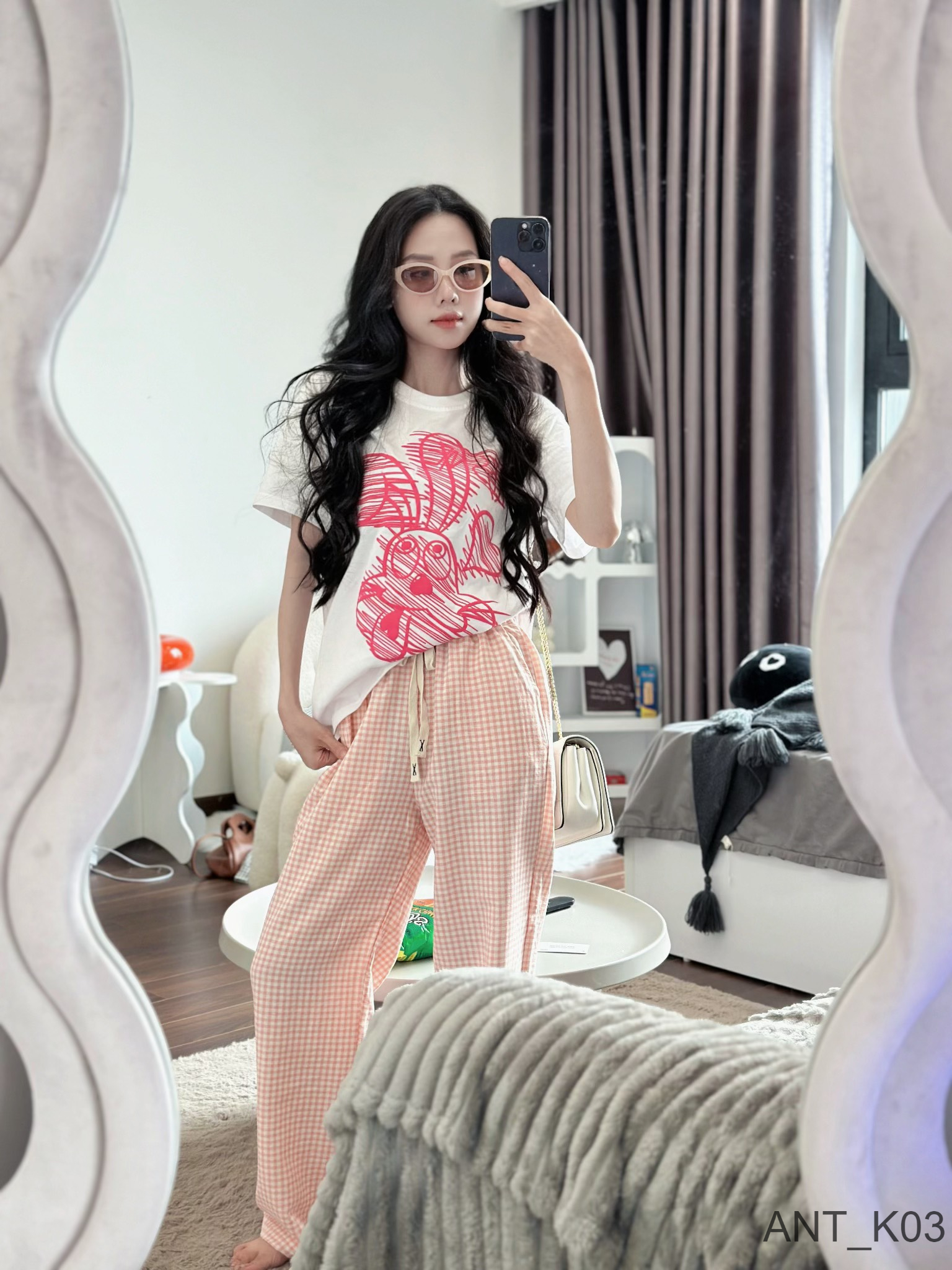 Sét bộ Cotton Korea quần chất xuất Nhật siêu xịn mềm phối áo phông thỏ hồng tay ngắn (40-65kg) ANT_K03