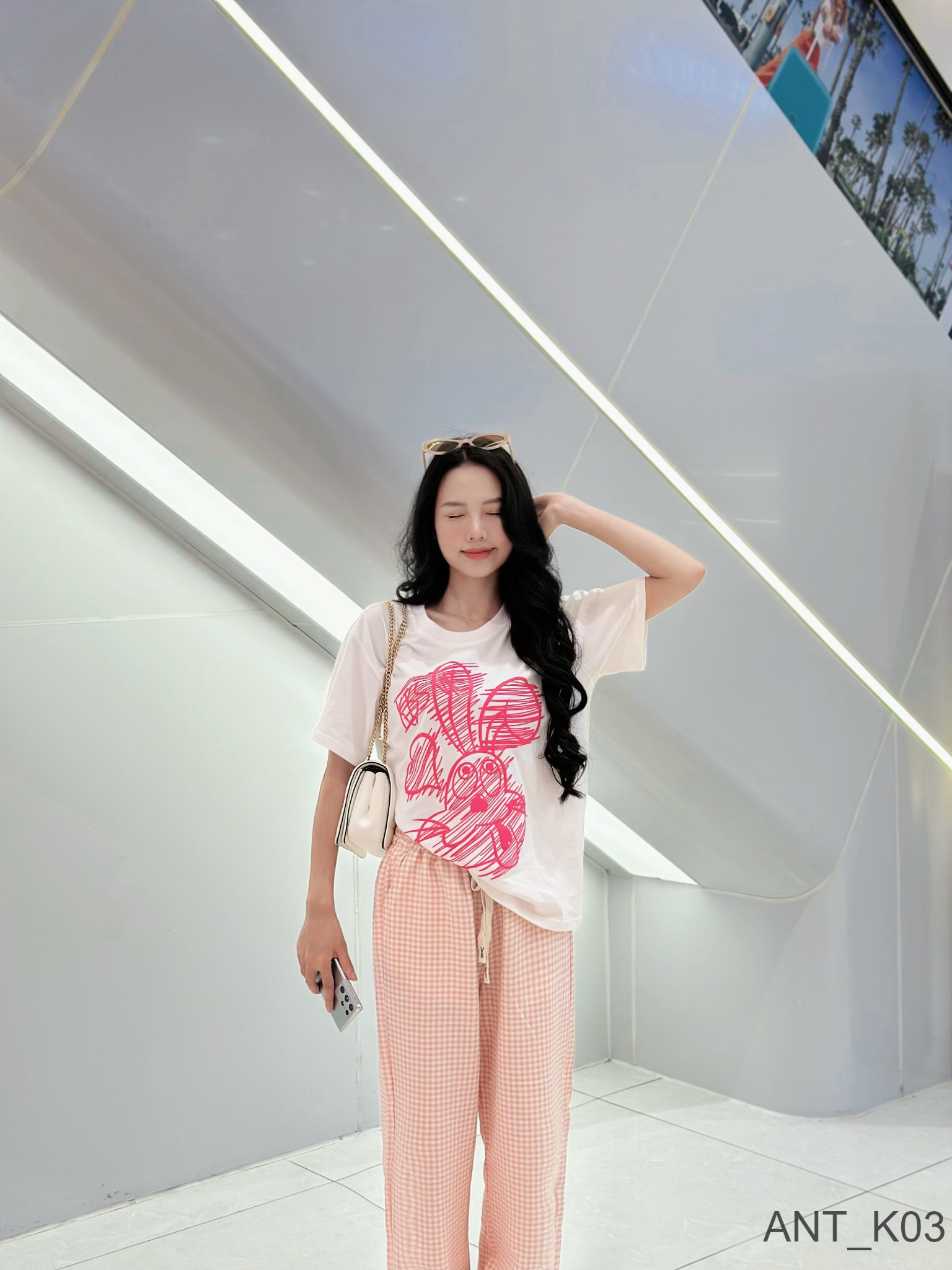 Sét bộ Cotton Korea quần chất xuất Nhật siêu xịn mềm phối áo phông thỏ hồng tay ngắn (40-65kg) ANT_K03
