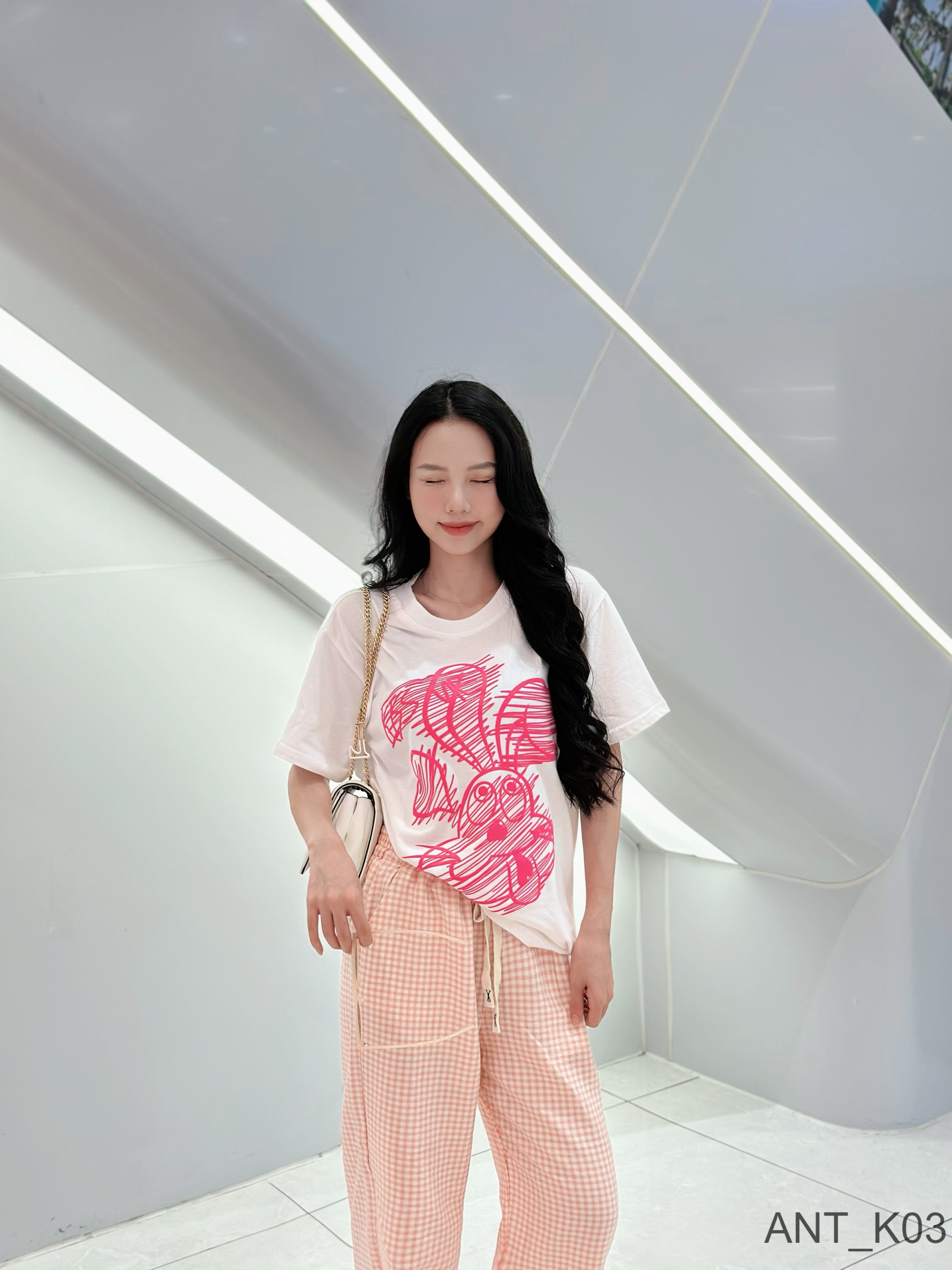 Sét bộ Cotton Korea quần chất xuất Nhật siêu xịn mềm phối áo phông thỏ hồng tay ngắn (40-65kg) ANT_K03