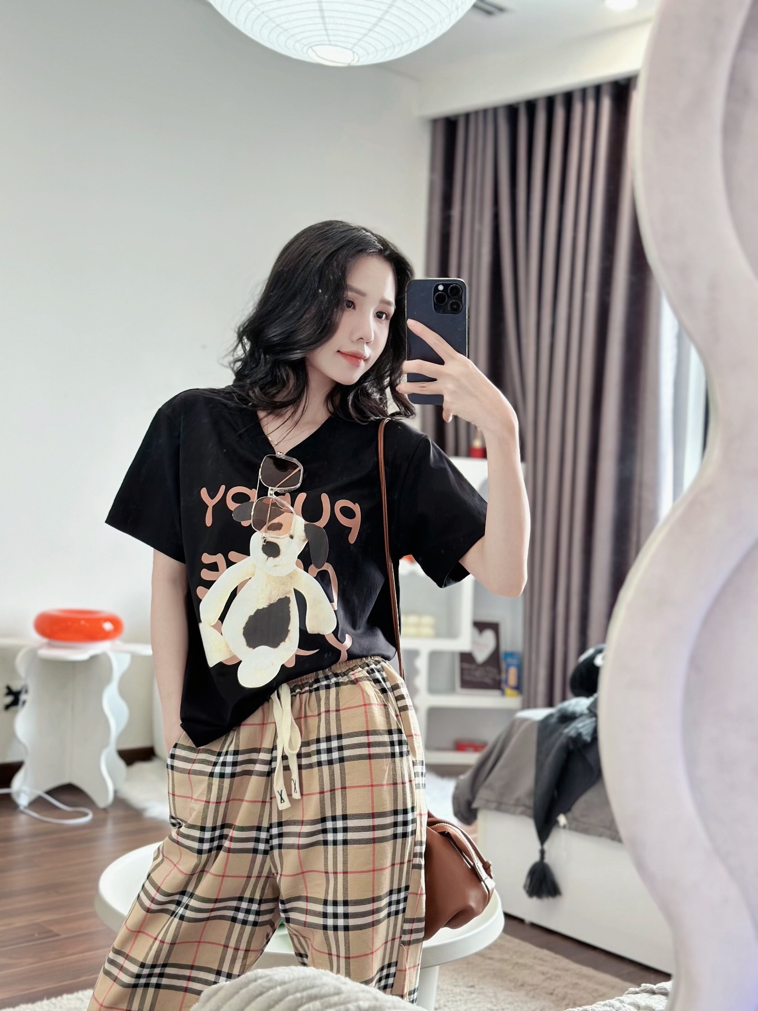 Sét bộ cotton korea quần kẻ caro phối áo phông tay ngắn Pupp Đen (40-65kg) ANT_K02