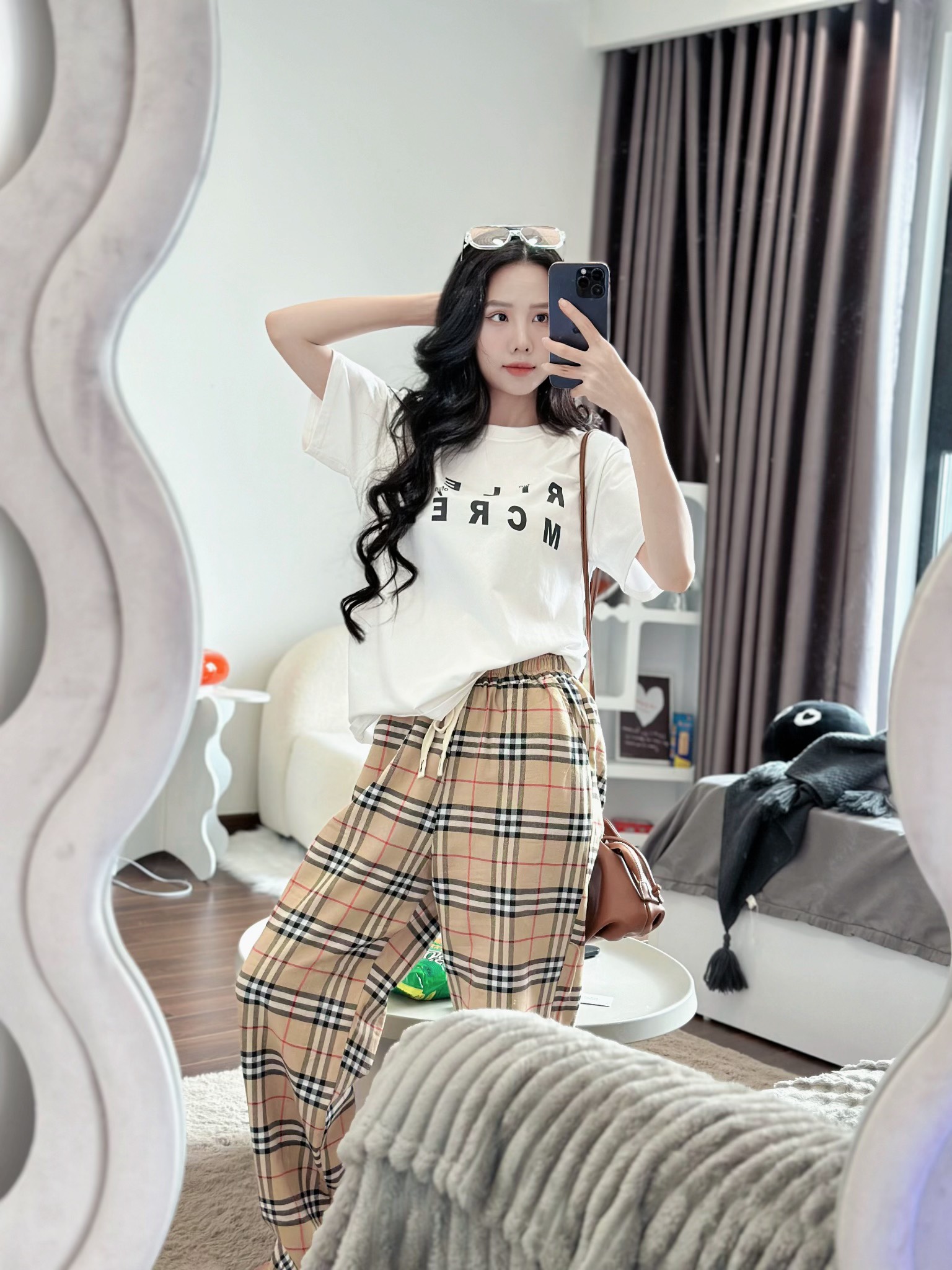 Set bộ cotton korea quần chất  kẻ caro siêu xịn mềm mịn phối áo chữ RILEY Trắng, in cao cấp (40-65kg) ANT_K05