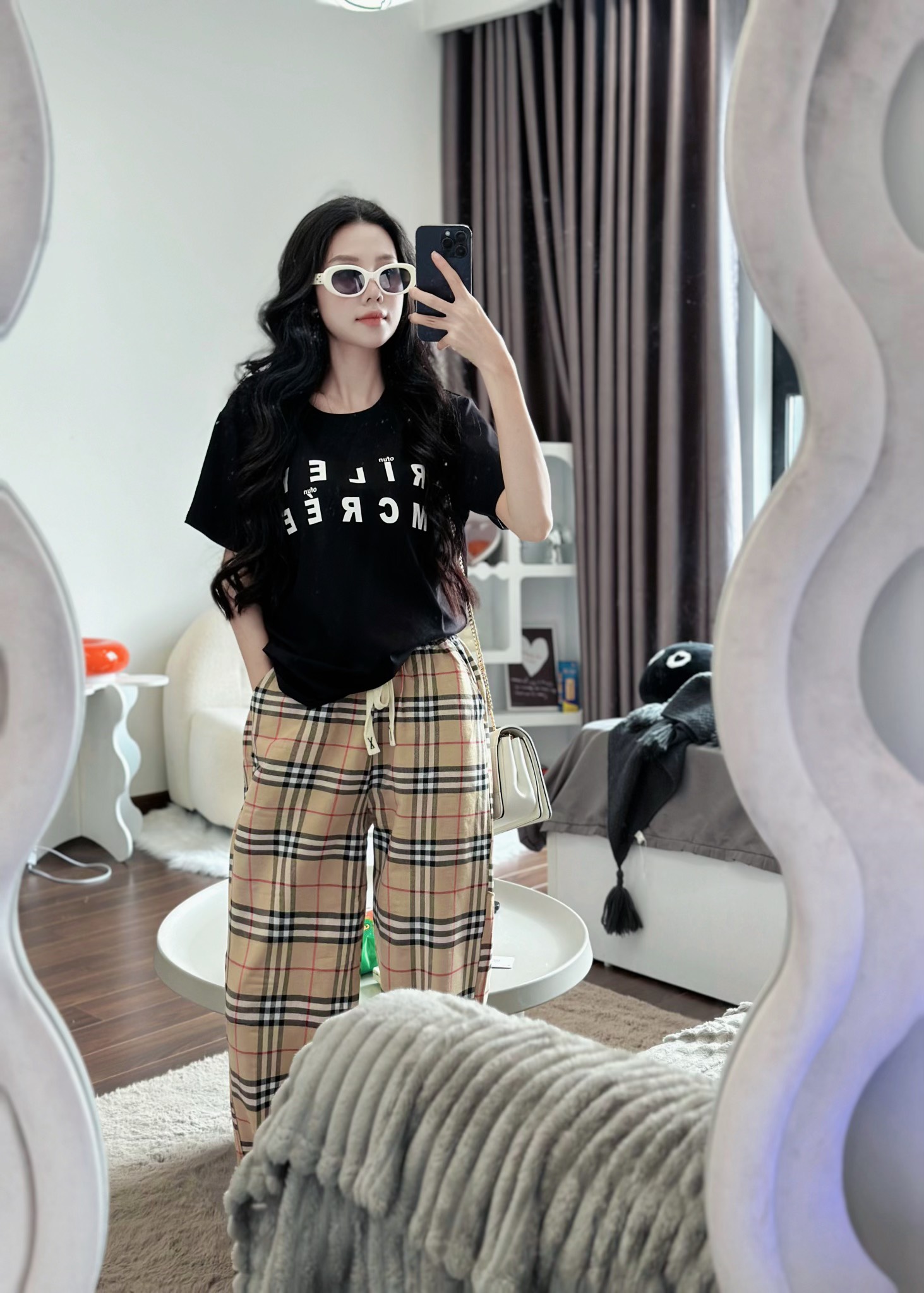 Set bộ cotton korea quần chất  kẻ caro siêu xịn mềm mịn phối áo chữ RILEY Đen, in cao cấp (40-65kg) ANT_ K06