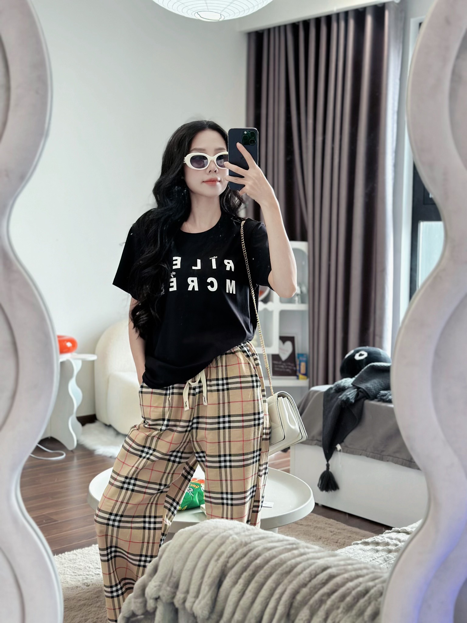 Set bộ cotton korea quần chất  kẻ caro siêu xịn mềm mịn phối áo chữ RILEY Đen, in cao cấp (40-65kg) ANT_ K06