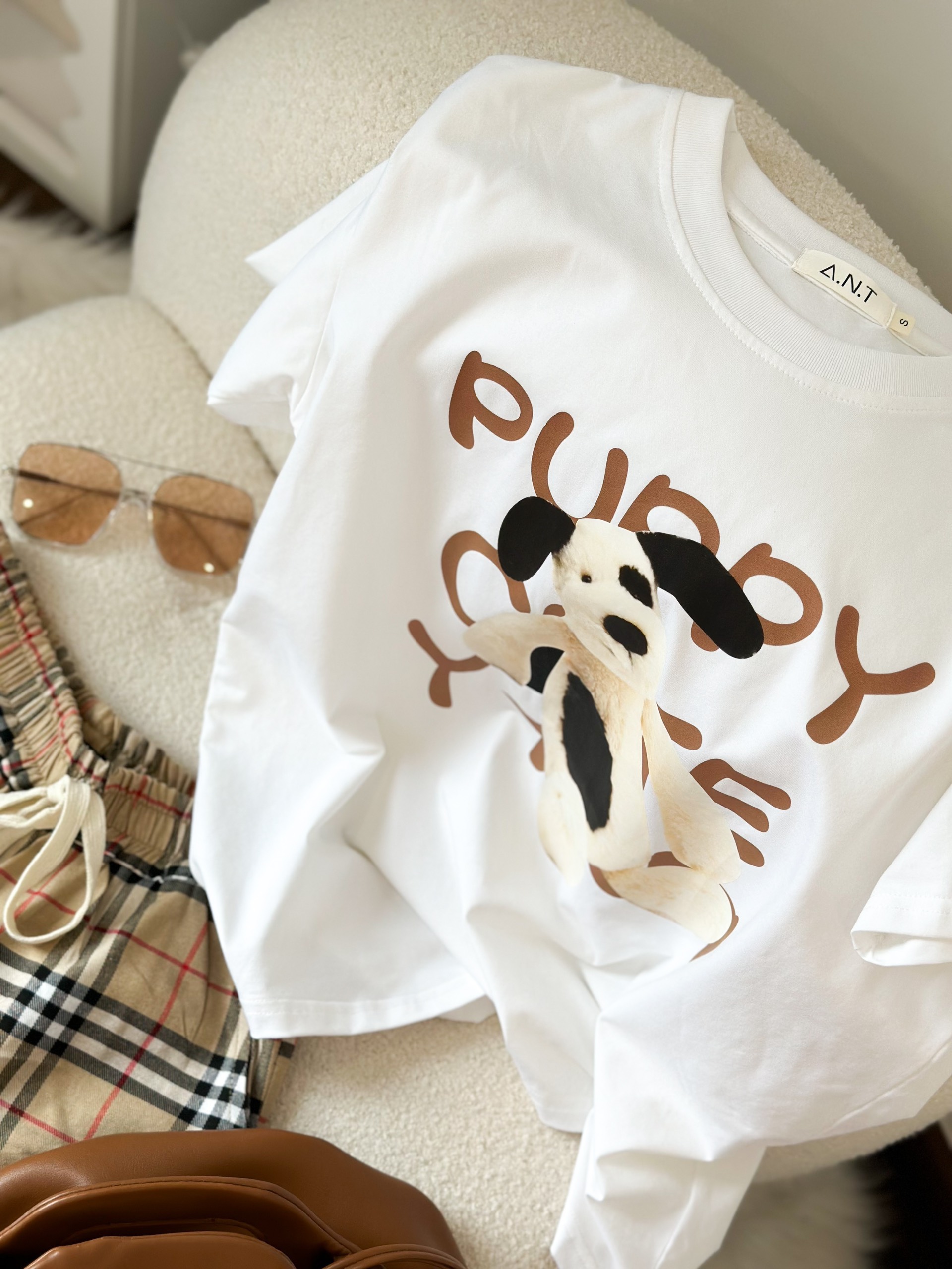 Sét bộ cotton korea quần kẻ caro phối áo phông tay ngắn Pupp Trắng (40-65kg) ANT_K04