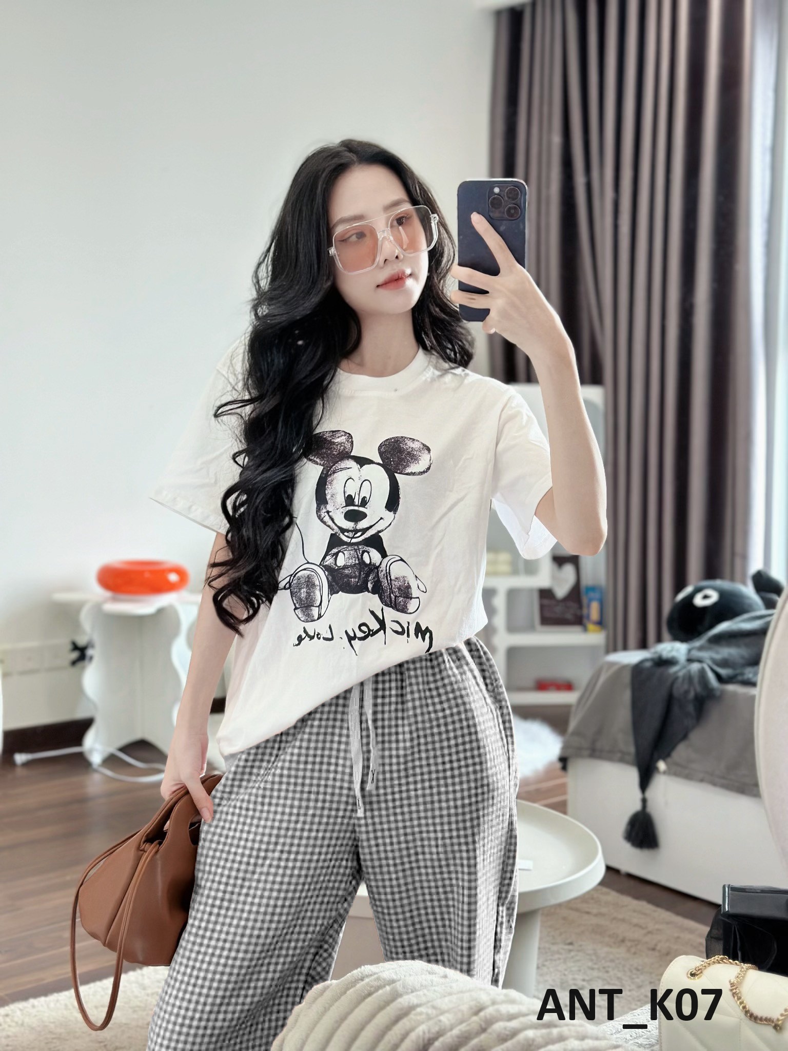 Set Bộ Cotton Korea quần kẻ caro phối áo phông Mickey ngắn tay (40-65kg) ANT_K07