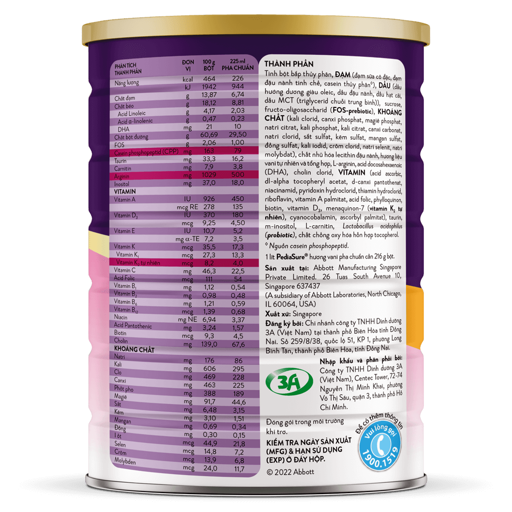 Pediasure vani 1,6kg Thực phẩm dinh dưỡng y học cho trẻ 1-10 tuổi