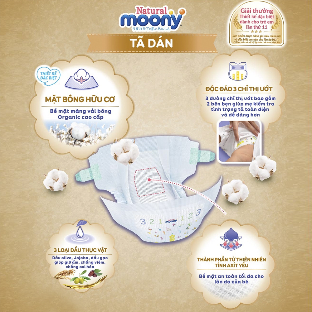 Bỉm tã dán Moony Natural size S 58 miếng (4-8kg)