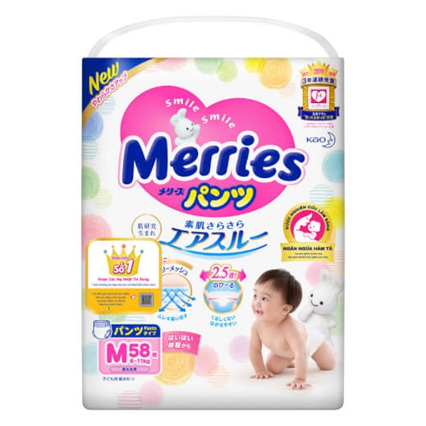 Bỉm tã quần Merries size M 58 miếng