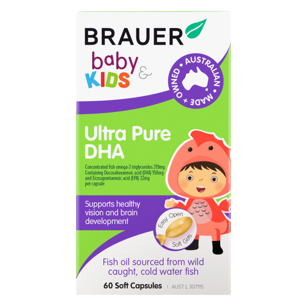 Viên bổ sung dầu cá tinh khiết cho bé từ 7 tháng tuổi Brauer Baby & Kids Ultra Pure DHA