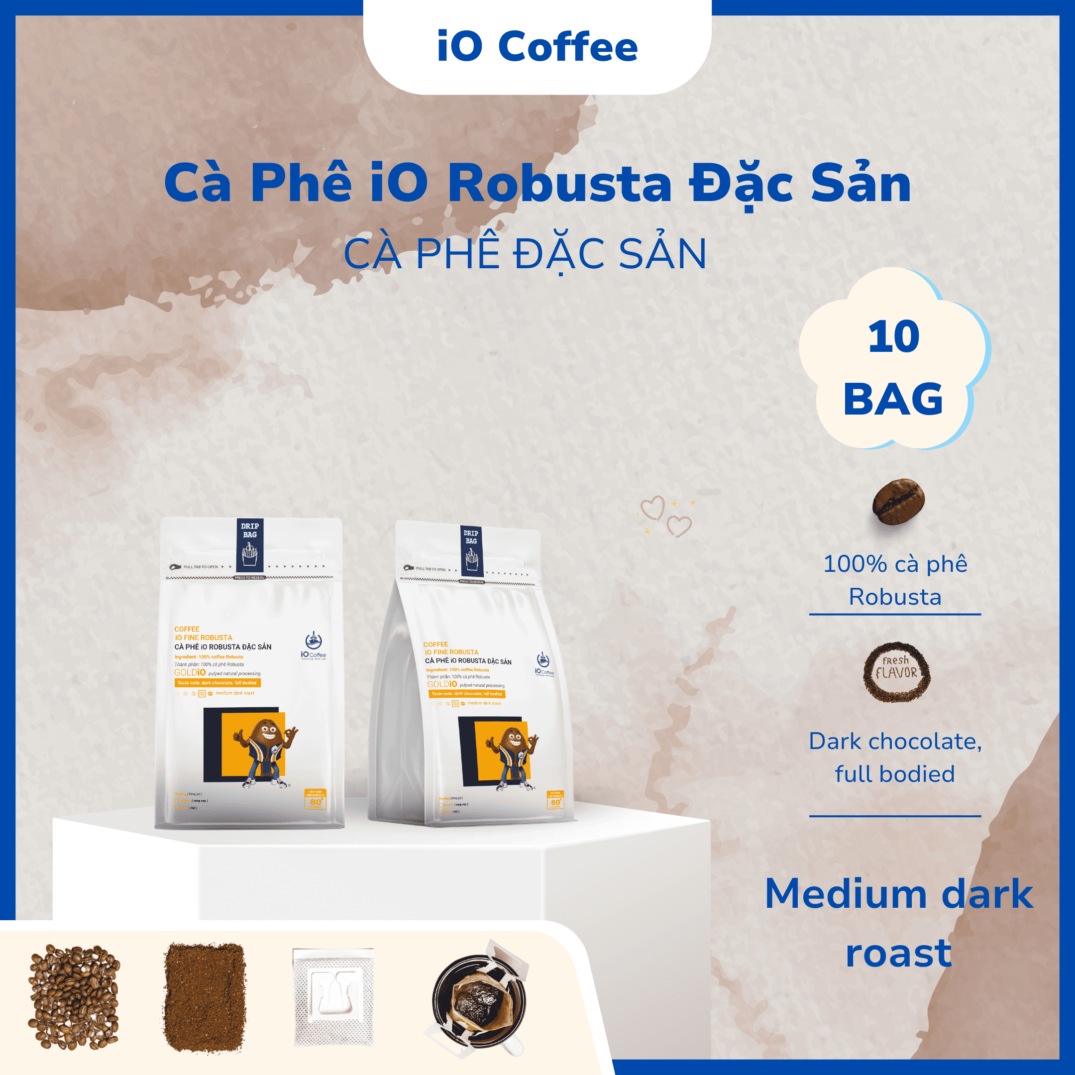 iO Coffee Phin Giấy - Cà Phê iO Robusta Đặc Sản - Sơ Chế Bán Ướt