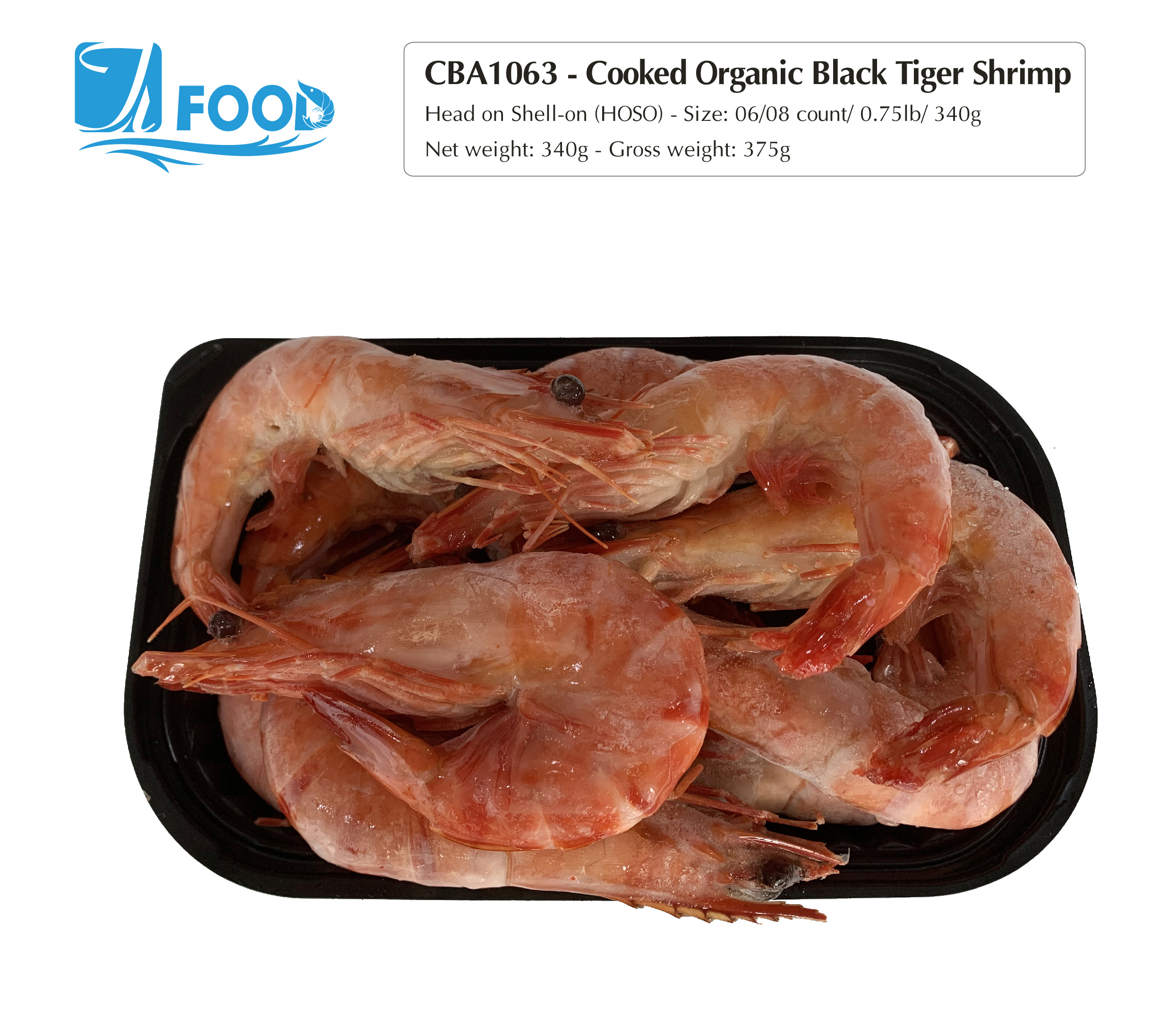 Tôm sú hấp xuất khẩu, nguyên con Size 21/25, NW 340g (Khay)