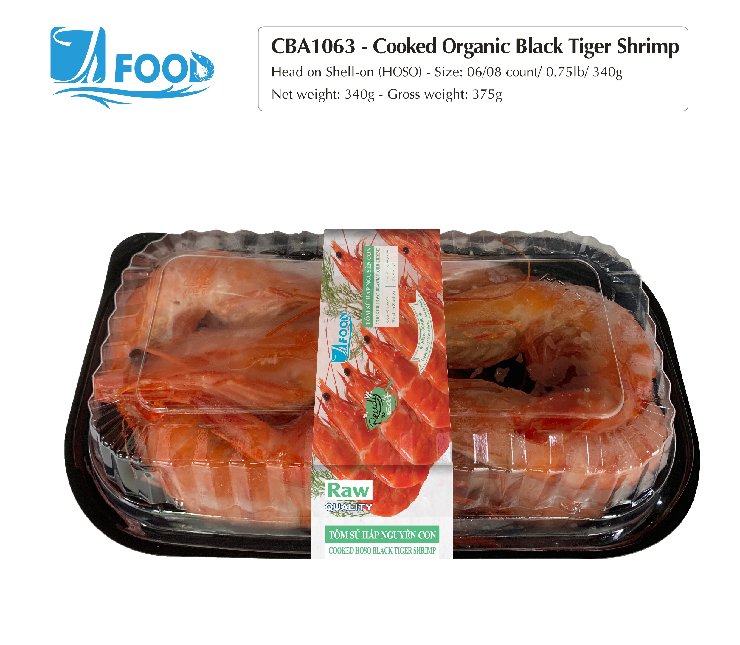 Tôm sú hấp nguyên vị, nguyên con Size 06/08, NW 340g (Khay)
