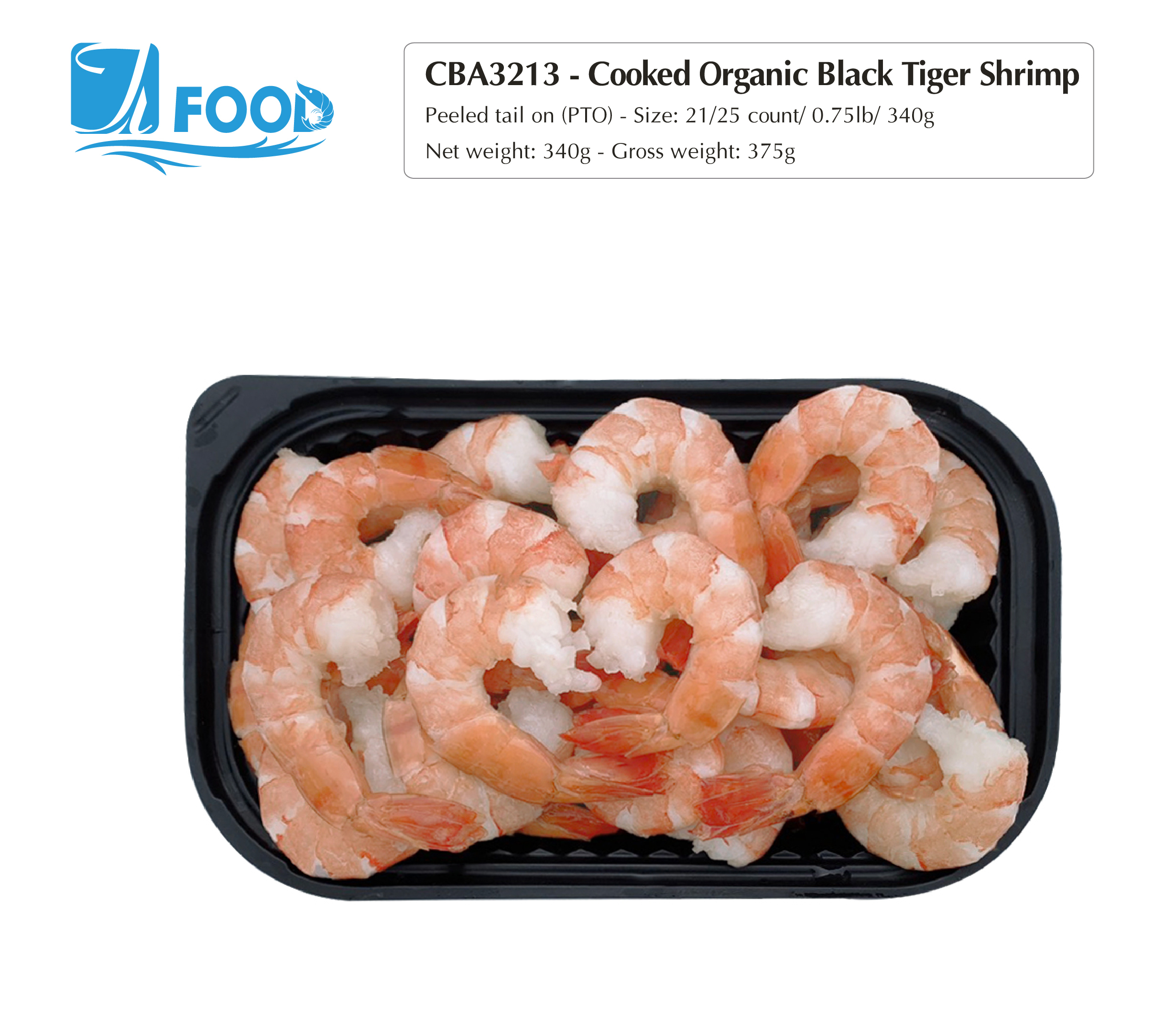 Tôm sú hấp nguyên vị, lột vỏ chừa đuôi Size 21/25, NW 340g (Khay)