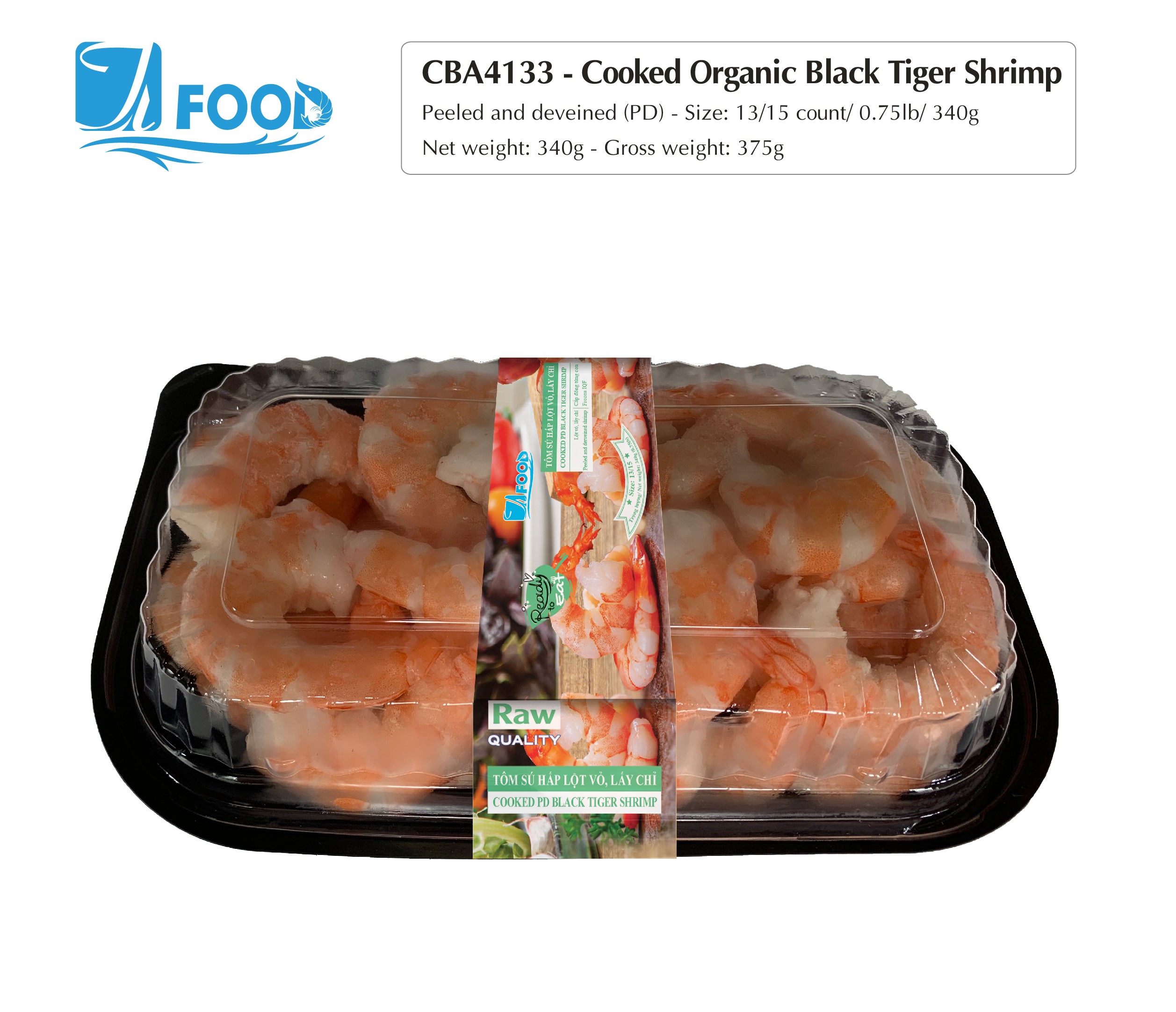 Tôm sú hấp nguyên vị, lột vỏ lấy chỉ Size 13/15, NW 340g (Khay)