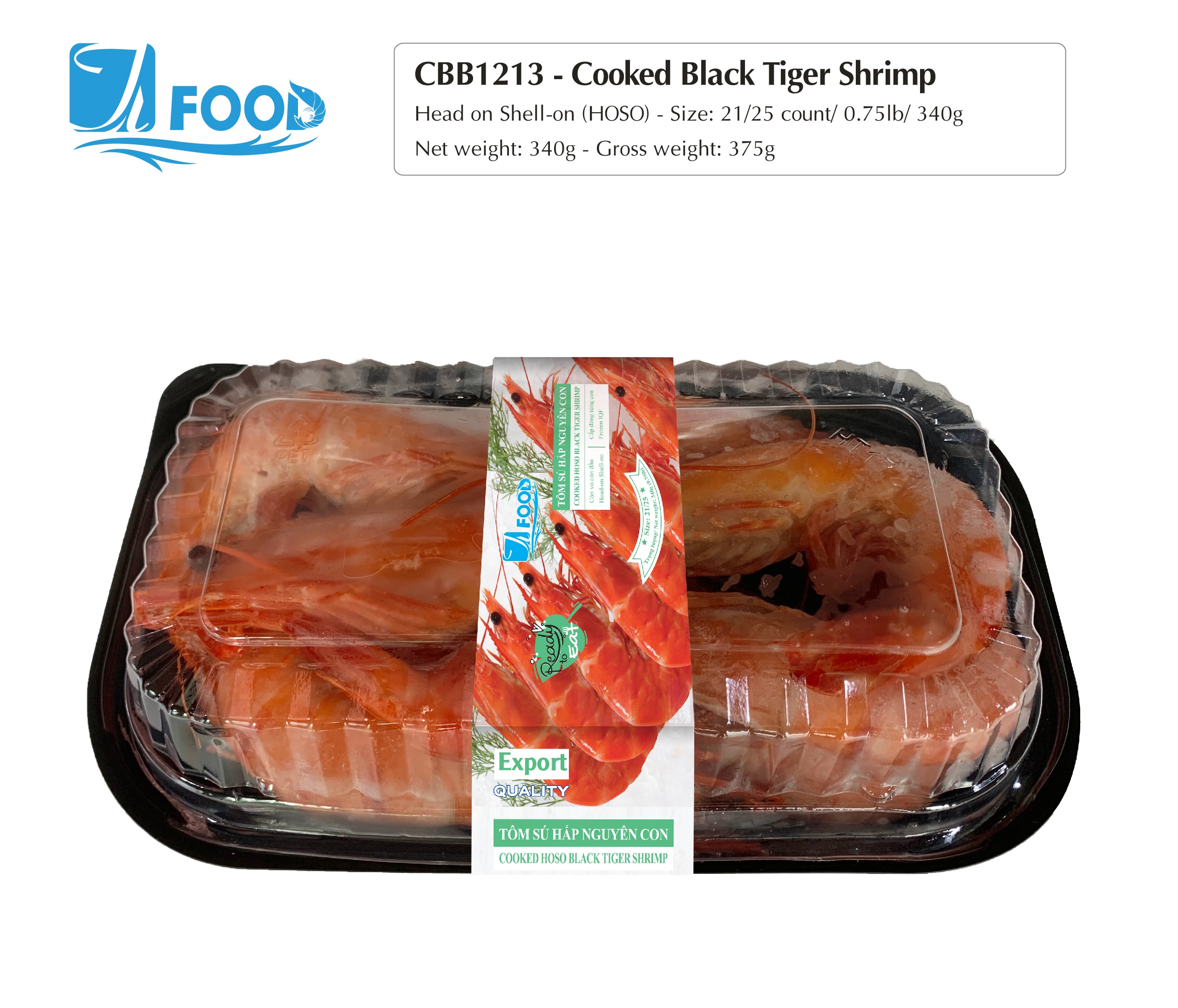 Tôm sú hấp xuất khẩu, nguyên con Size 21/25, NW 340g (Khay)