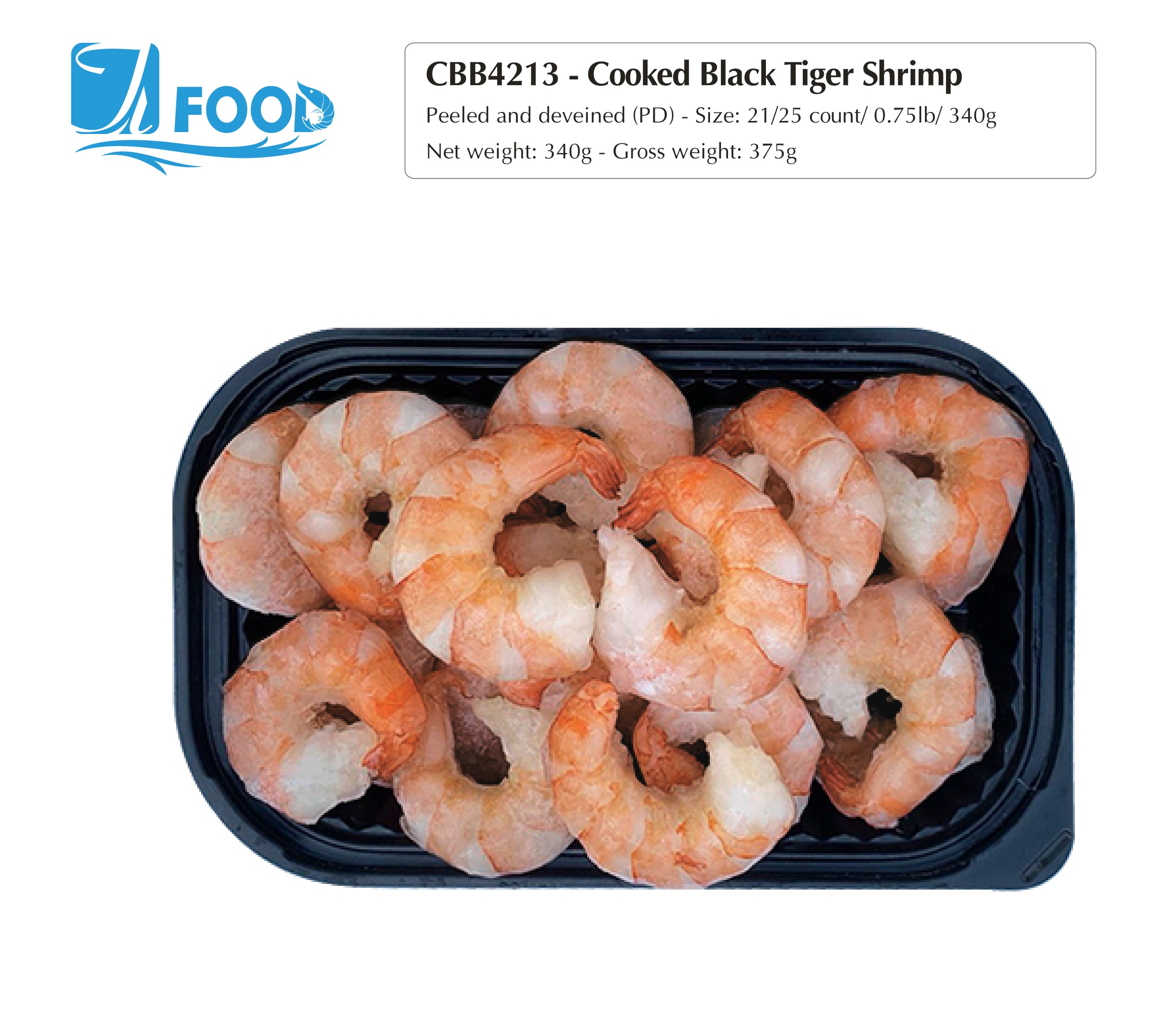 Tôm sú hấp xuất khẩu, lột vỏ lấy chỉ Size 21/25, NW 340g (Khay)