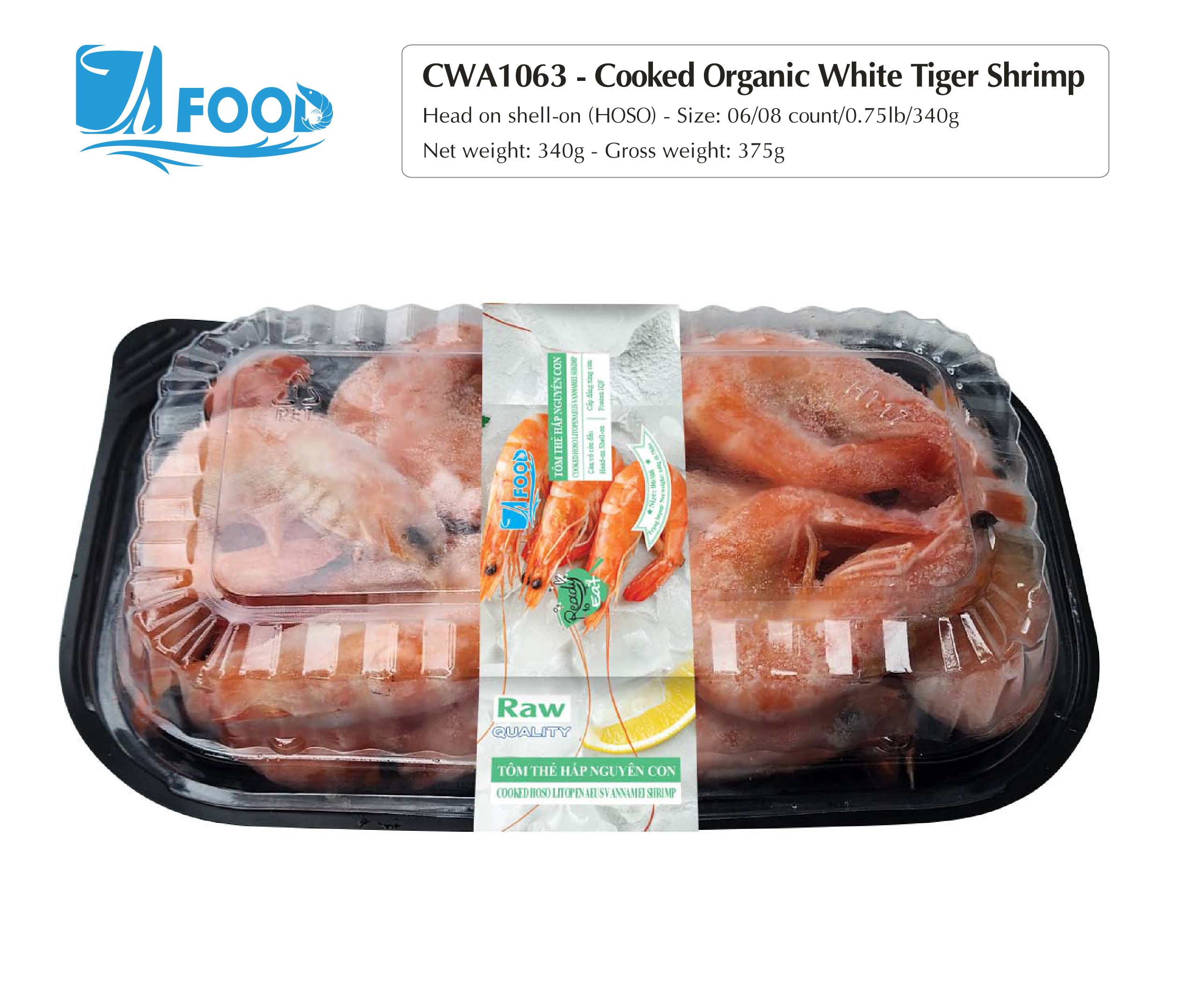 Tôm thẻ hấp nguyên vị, nguyên con Size 06/08, NW 340g (Khay)