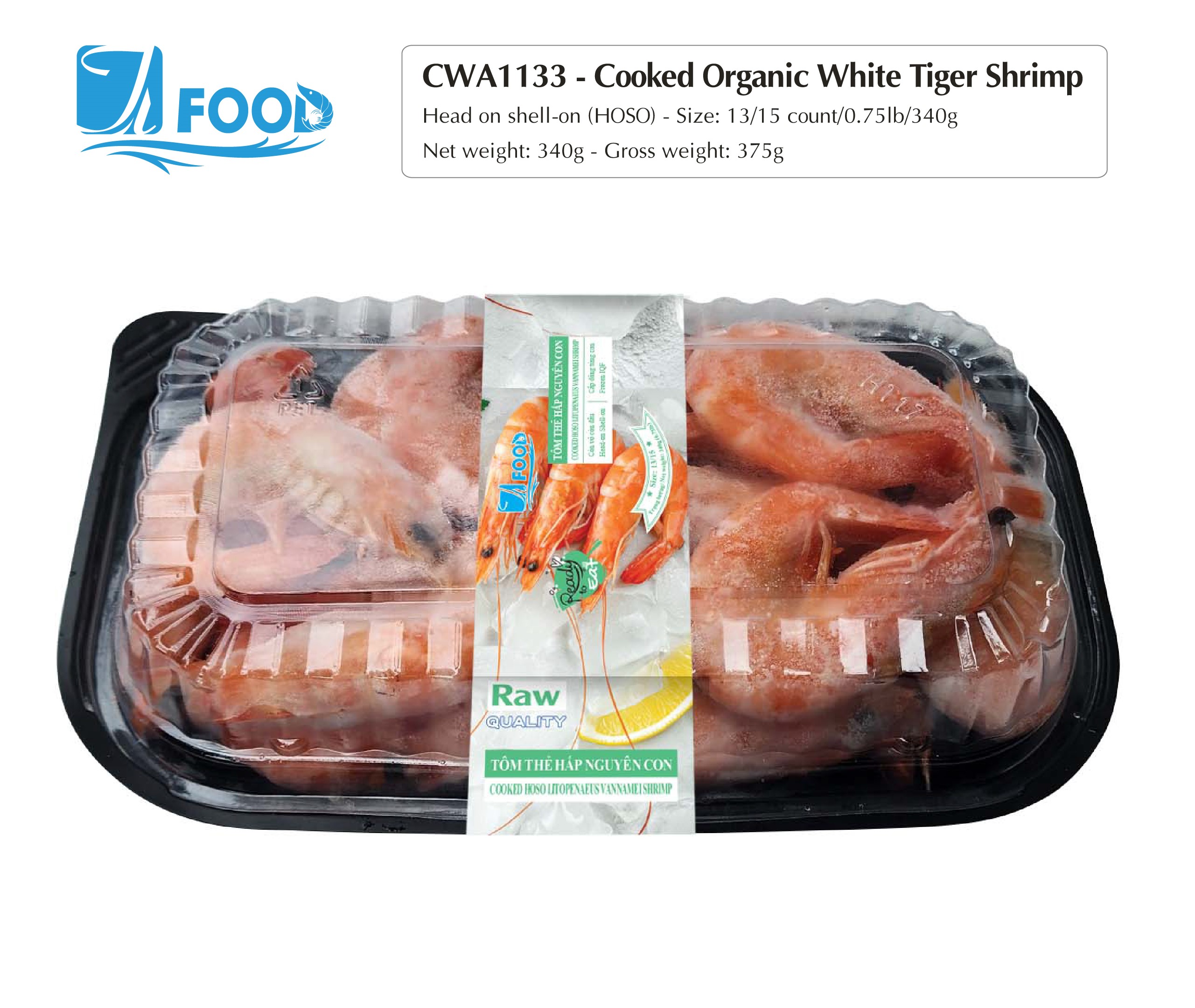 Tôm thẻ hấp nguyên vị, nguyên con Size 13/15, NW 340g (Khay)
