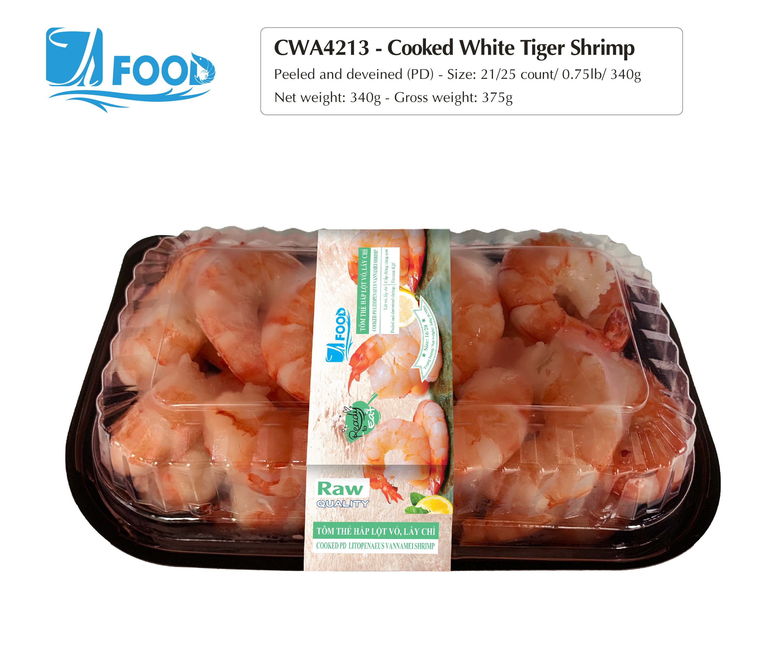 Tôm thẻ hấp nguyên vị, lột vỏ lấy chỉ Size 16/20, NW 340g (Khay)