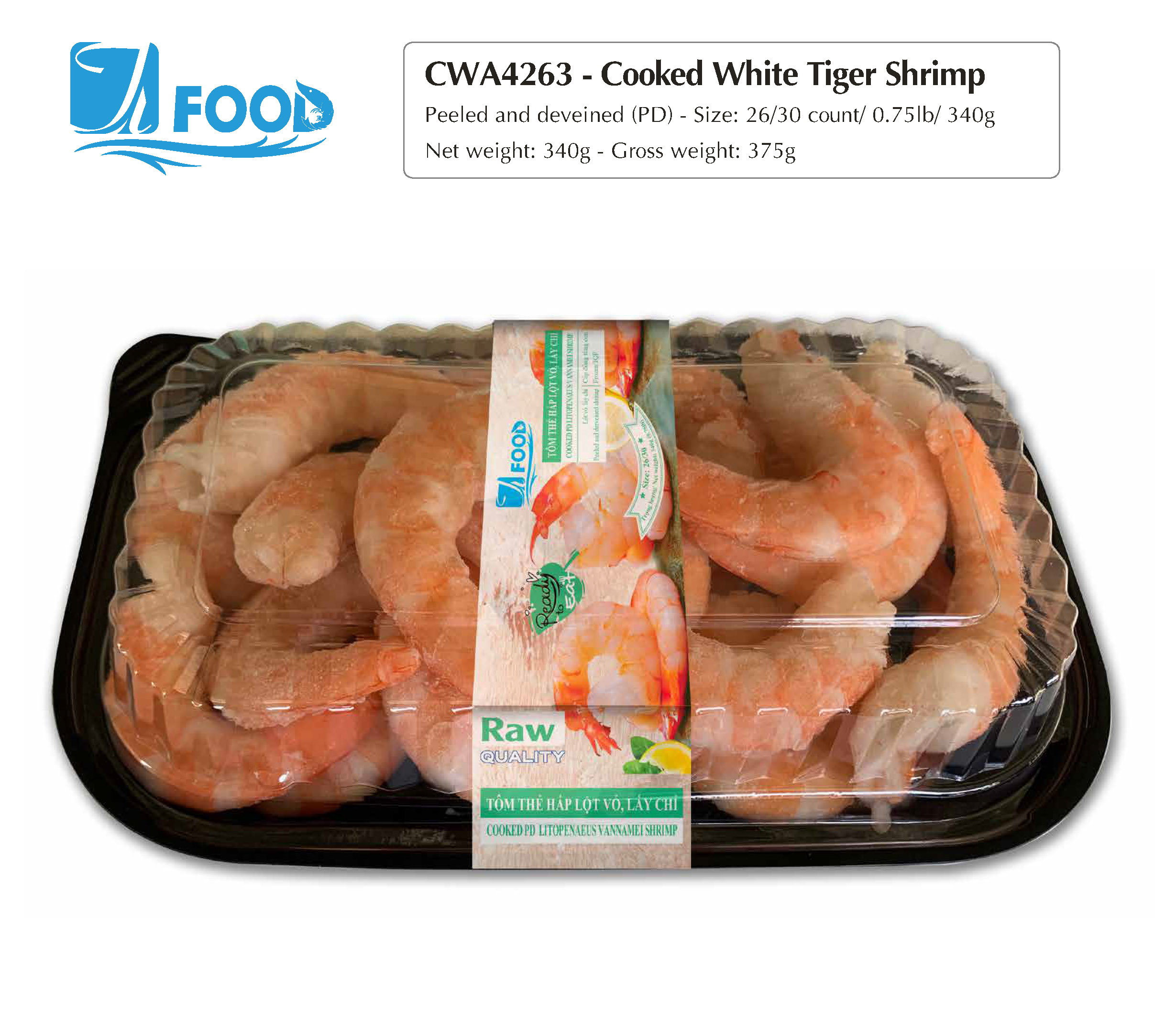 Tôm thẻ hấp nguyên vị, lột vỏ lấy chỉ size 26/30, NW 340g (Khay)