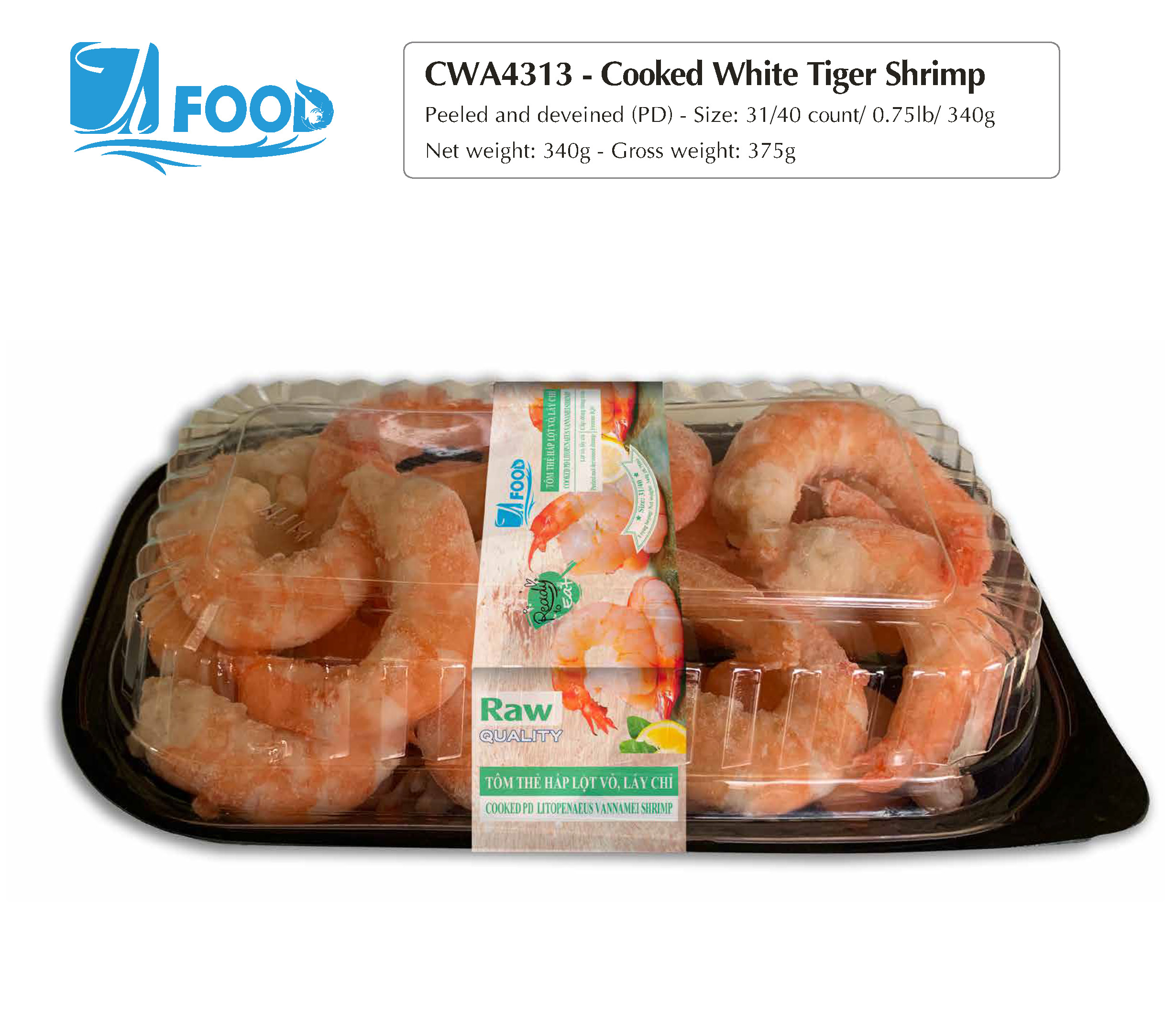 Tôm thẻ hấp nguyên vị, lột vỏ lấy chỉ size 31/40, NW 340g (Khay)