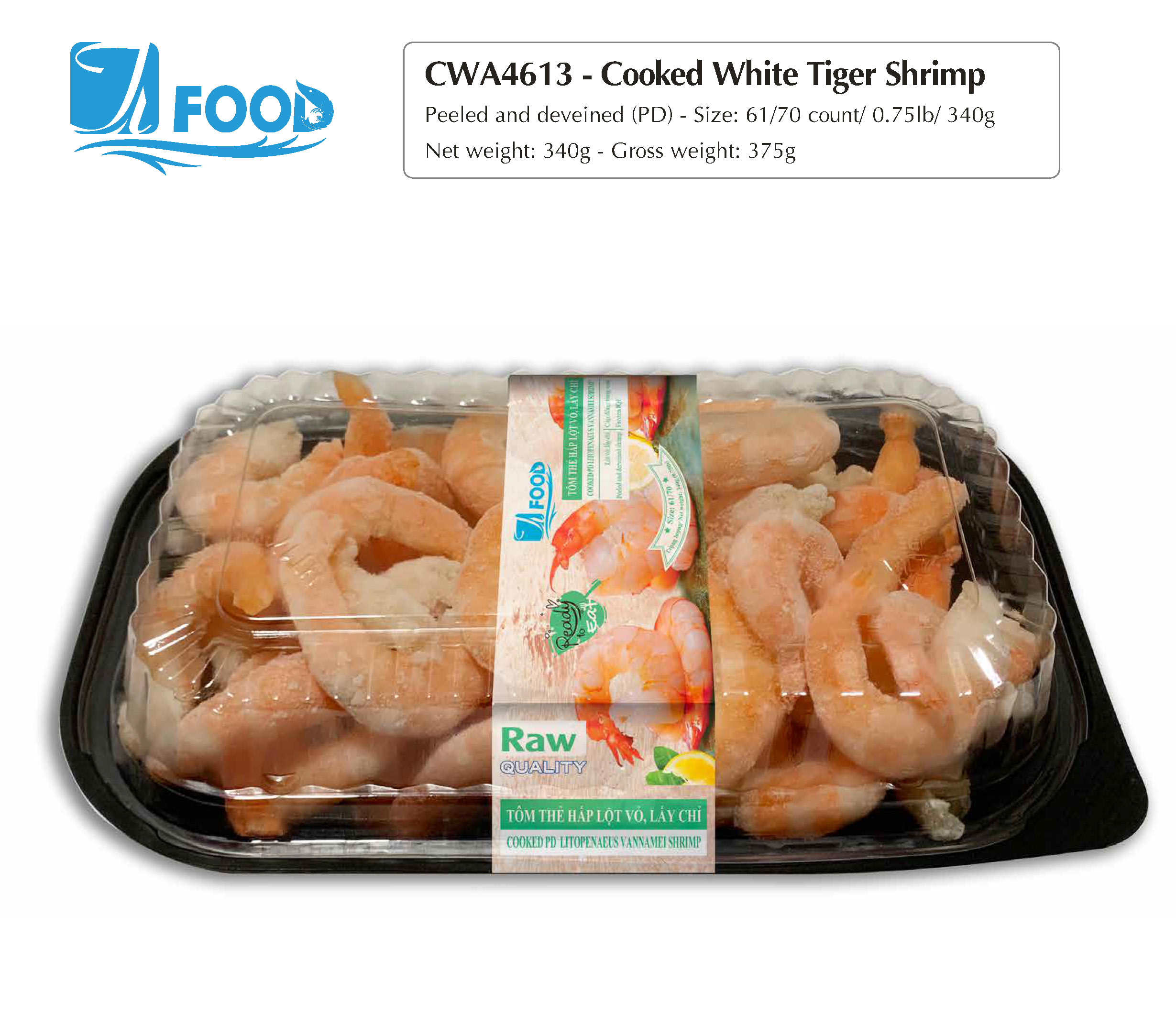 Tôm thẻ hấp nguyên vị, lột vỏ lấy chỉ size 61/70, NW 340g (Khay)