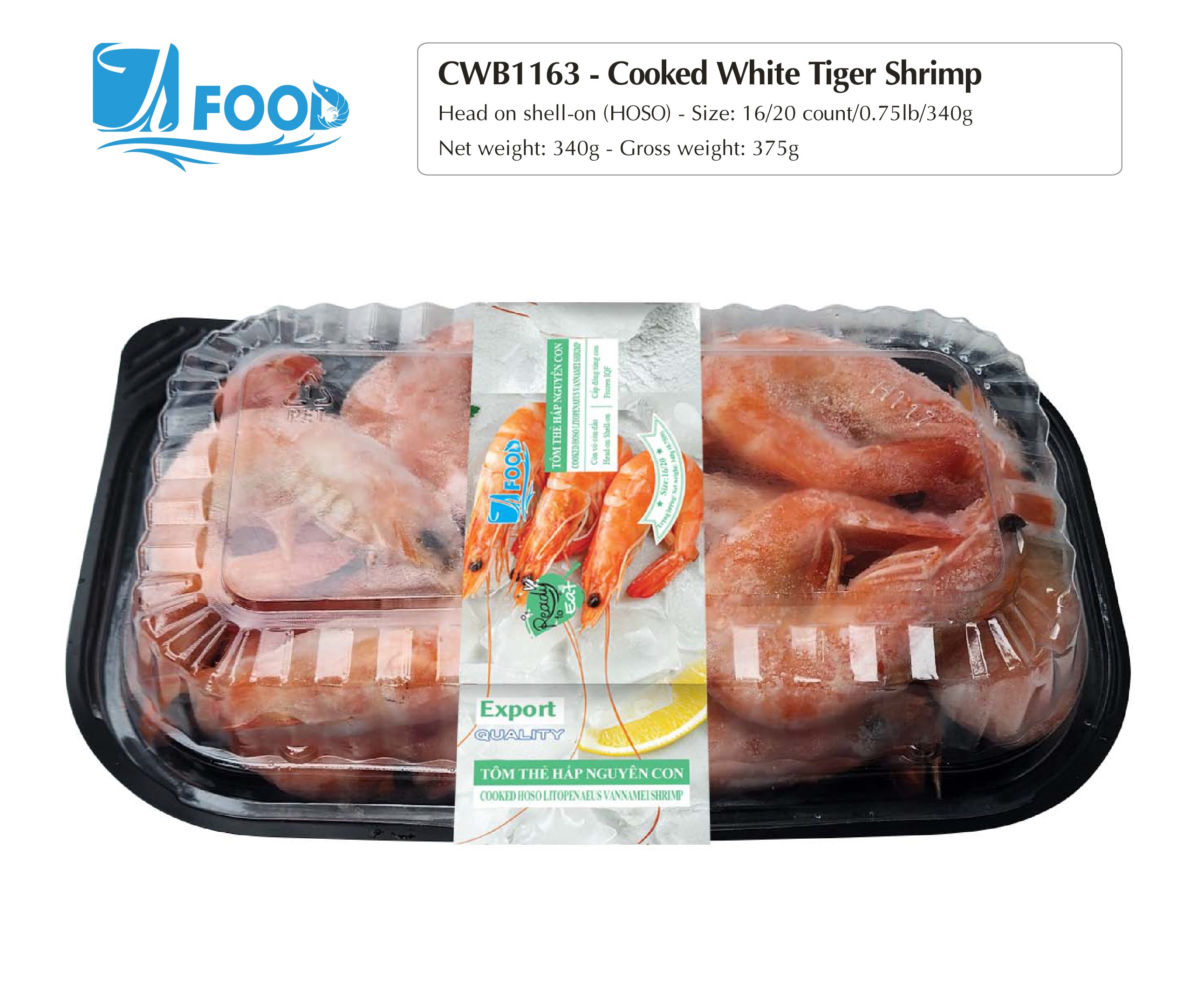 Tôm thẻ hấp xuất khẩu, nguyên con Size 16/20, NW 340g (Khay)
