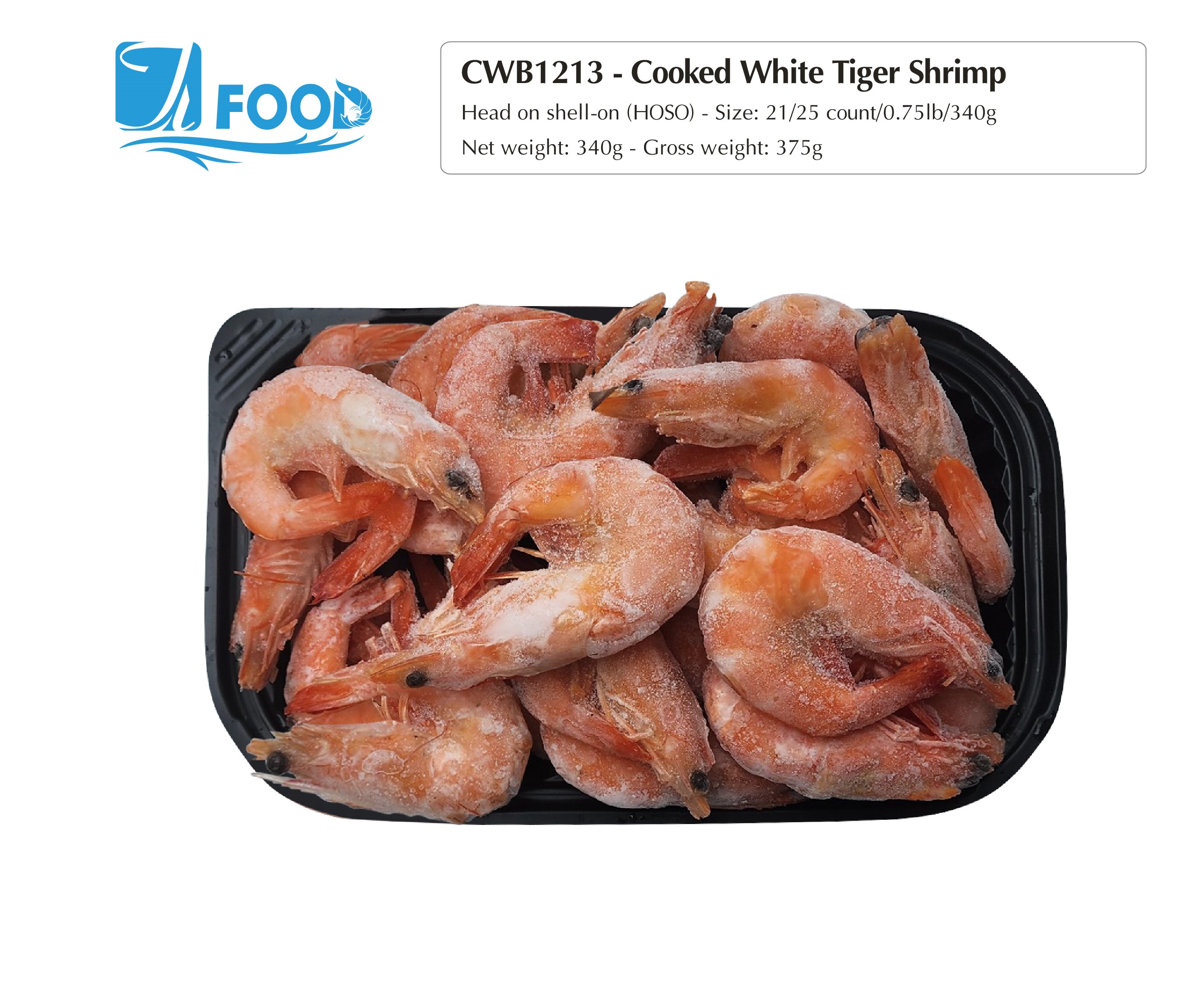 Tôm thẻ hấp xuất khẩu, nguyên con Size 21/25, NW 340g (Khay)