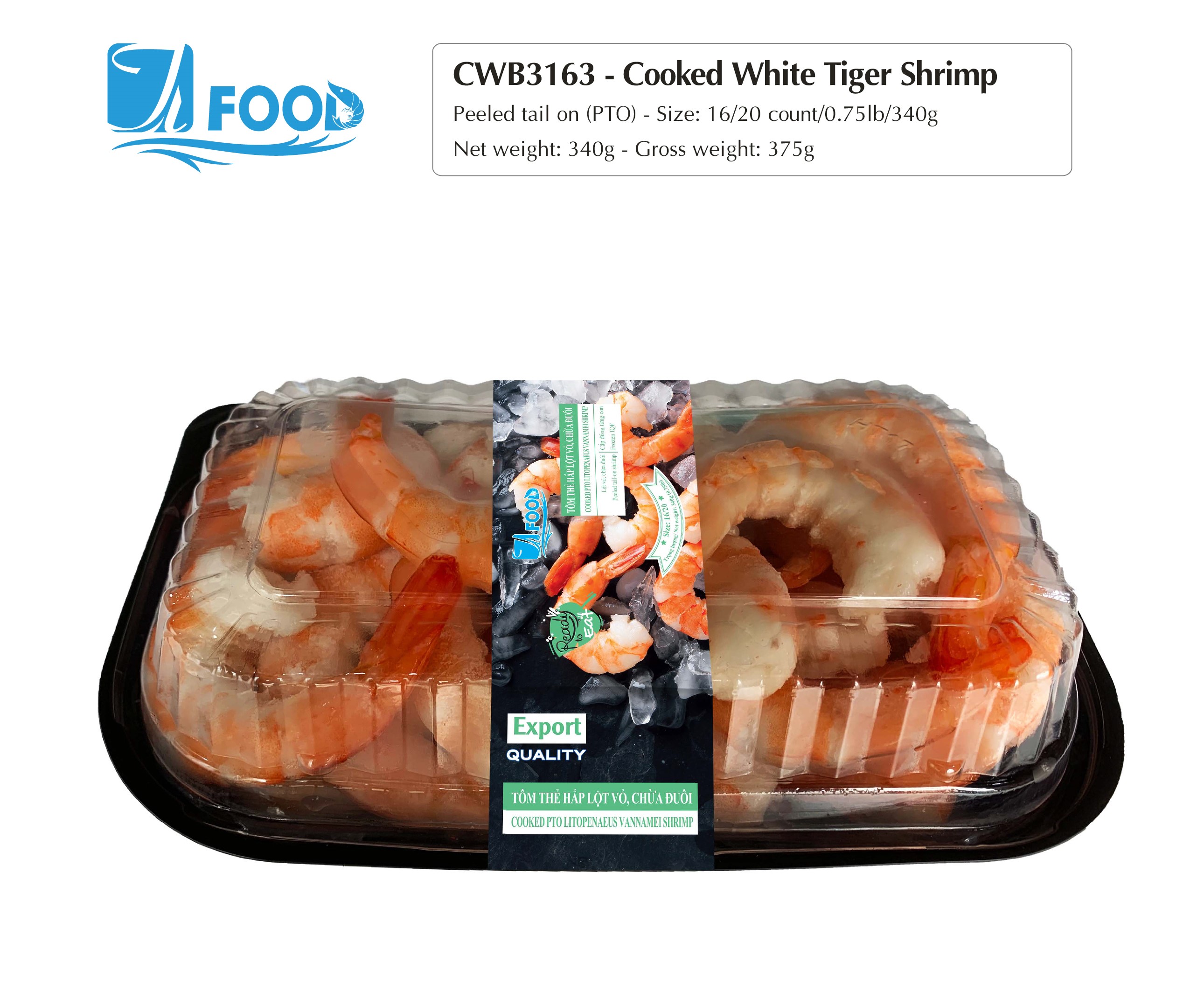 Tôm thẻ hấp nguyên vị, lột vỏ chừa đuôi Size 16/20, NW 340g (Khay)