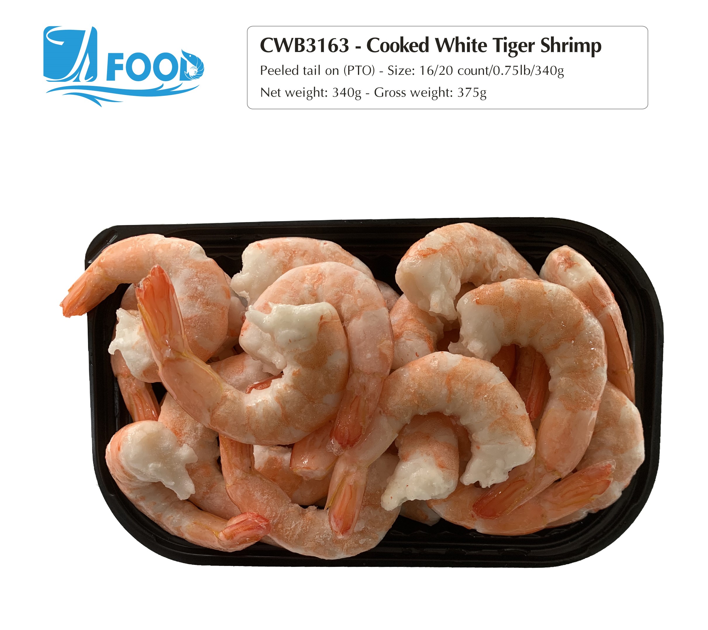 Tôm thẻ hấp xuất khẩu, lột vỏ chừa đuôi Size 21/25, NW 340g (Khay)