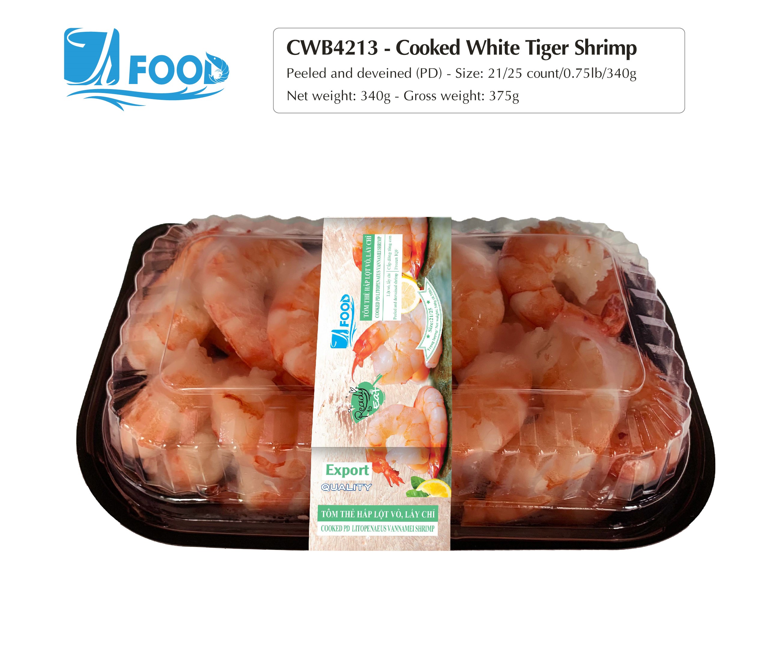 Tôm thẻ hấp xuất khẩu, lột vỏ lấy chỉ Size 21/25, NW 340g (Khay)