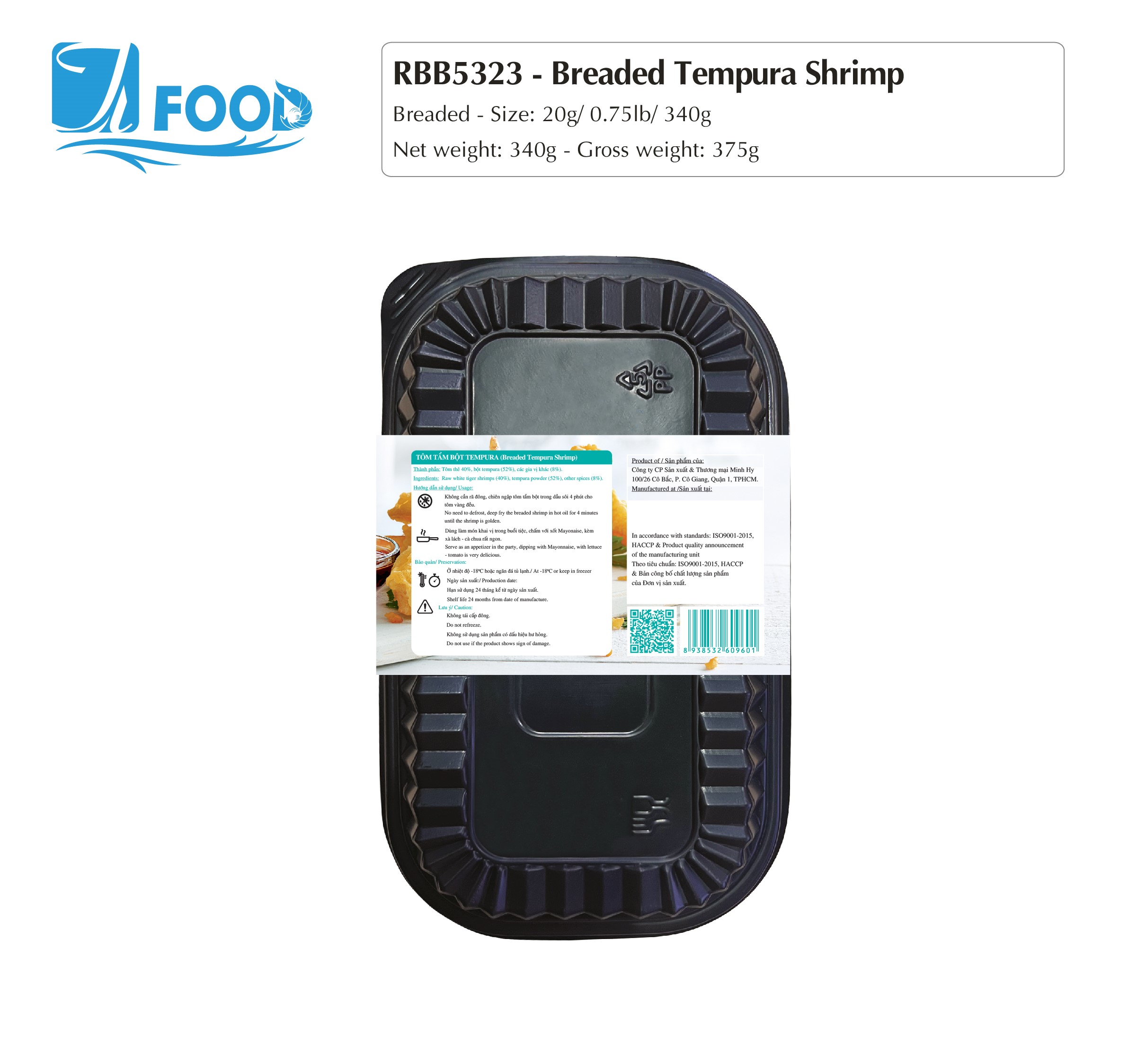Tôm tẩm bột Tempura Size 20g, NW 340g (Khay)