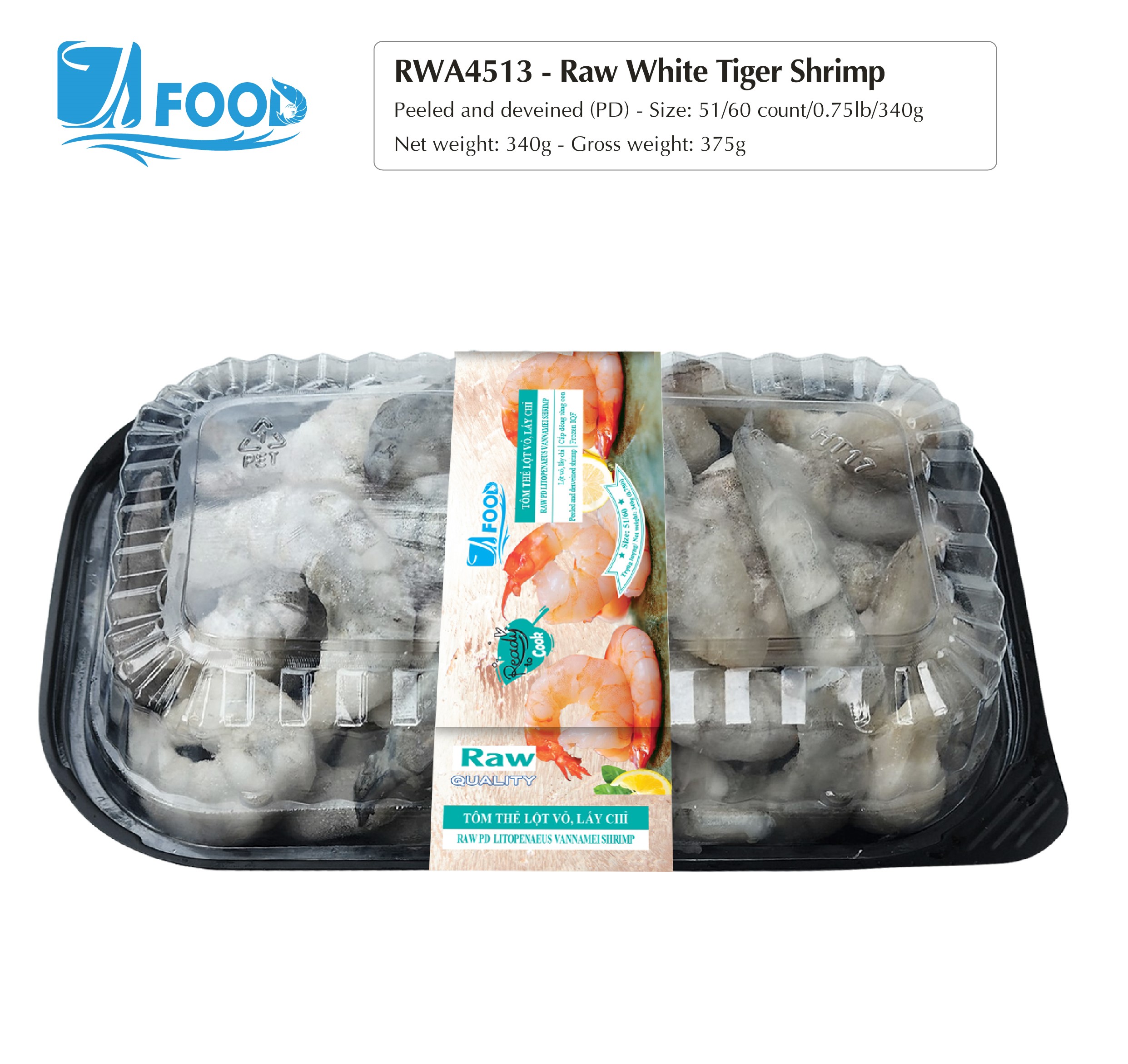 Tôm thẻ nguyên vị, lột vỏ lấy chỉ Size 51/60, NW 340g (Khay)