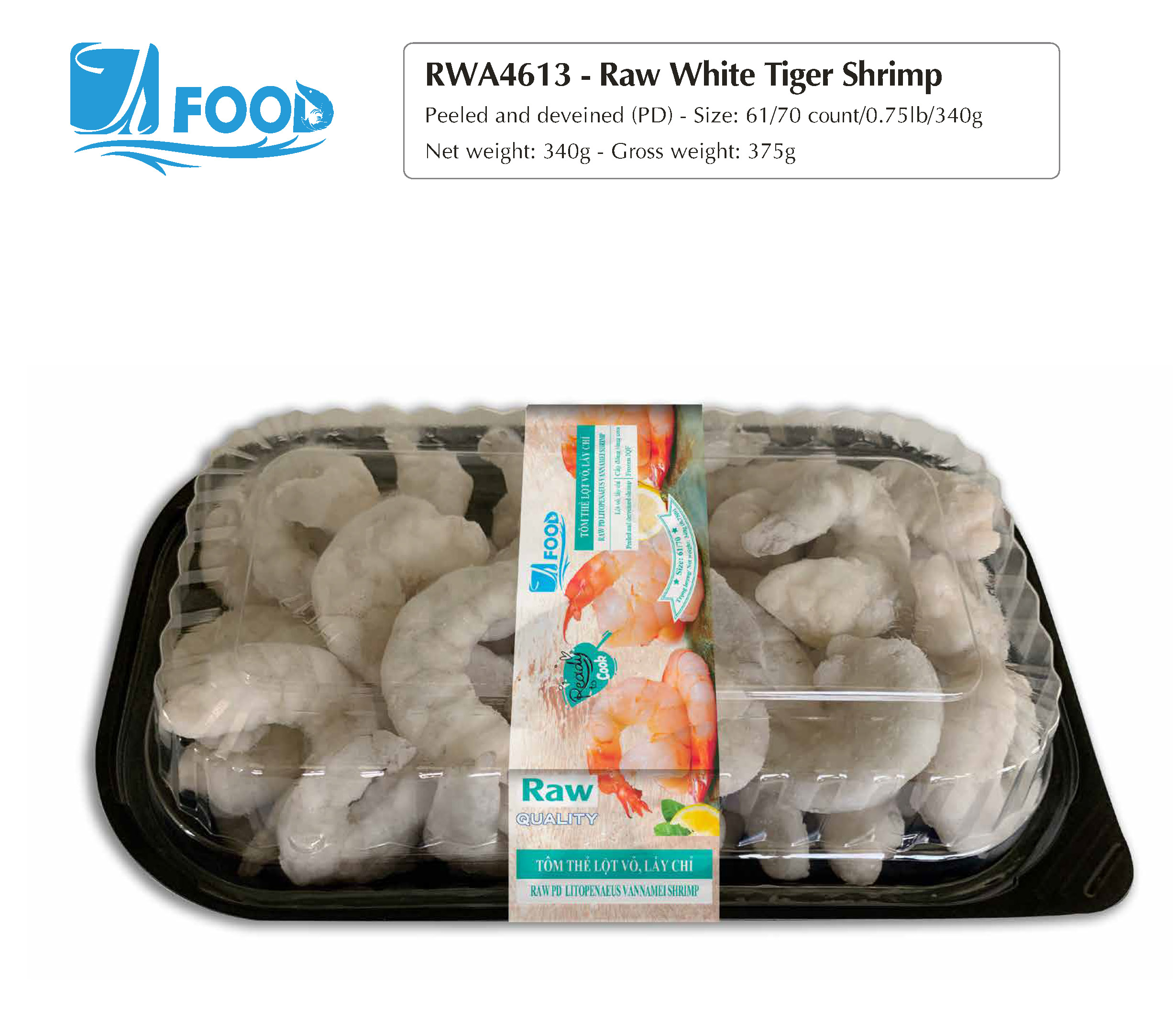 Tôm thẻ nguyên vị, lột vỏ lấy chỉ size 61/70, NW 340g (Khay)