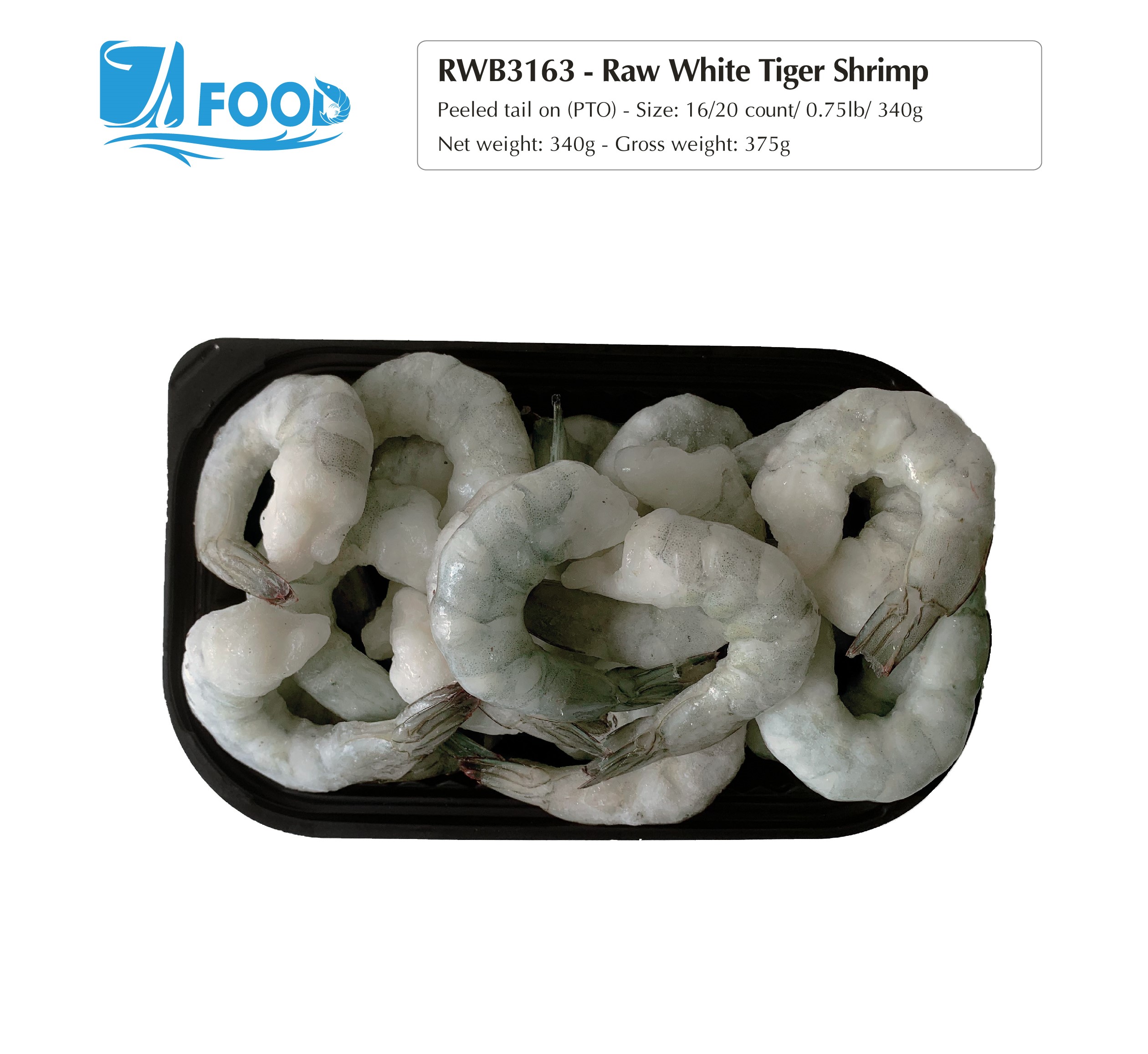 Tôm thẻ xuất khẩu, lột vỏ chừa đuôi Size 16/20, NW 340g (Khay)