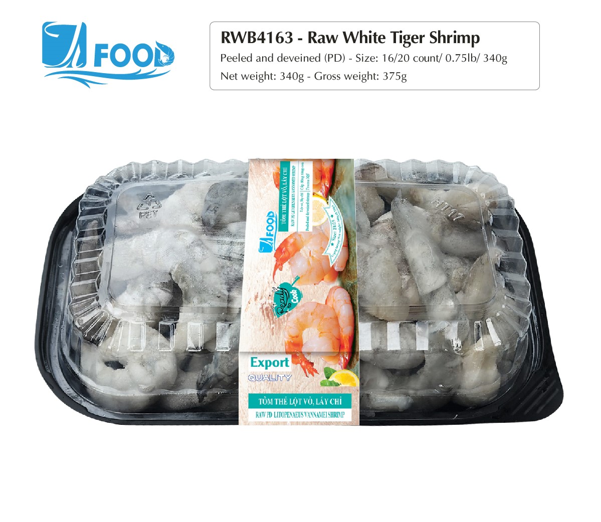 Tôm thẻ xuất khẩu, lột vỏ lấy chỉ Size 16/20, NW 340g (Khay)