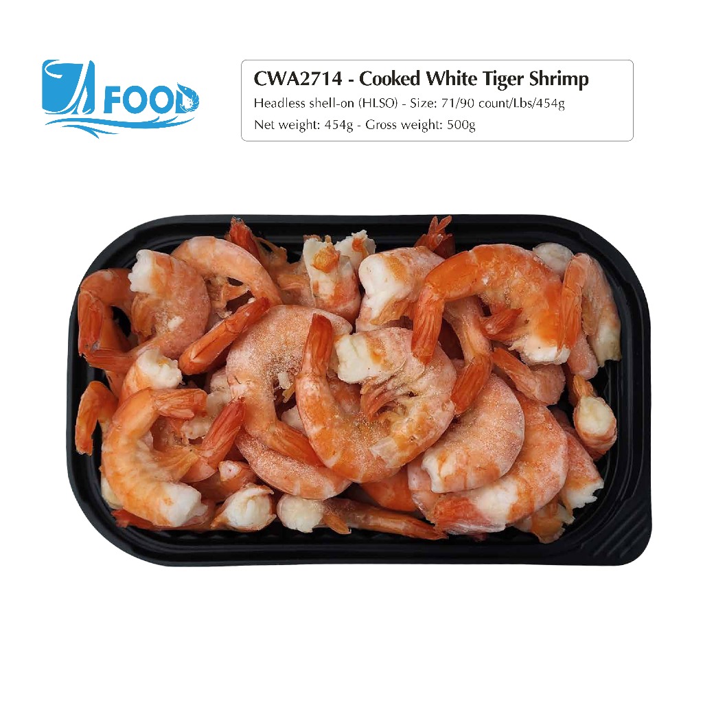 Tôm thẻ hấp nguyên vị, còn vỏ bỏ đầu Size 71/90, NW 340g (Khay)