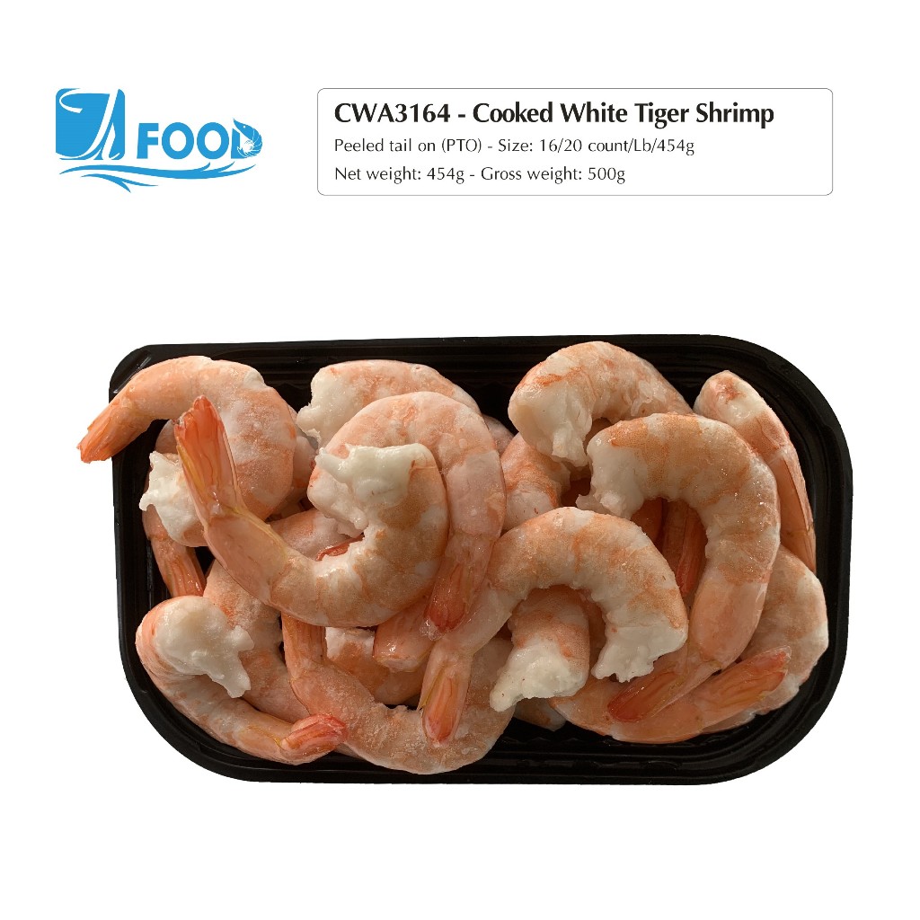 Tôm thẻ hấp nguyên vị, lột vỏ chừa đuôi Size 16/20, NW 340g (Khay)