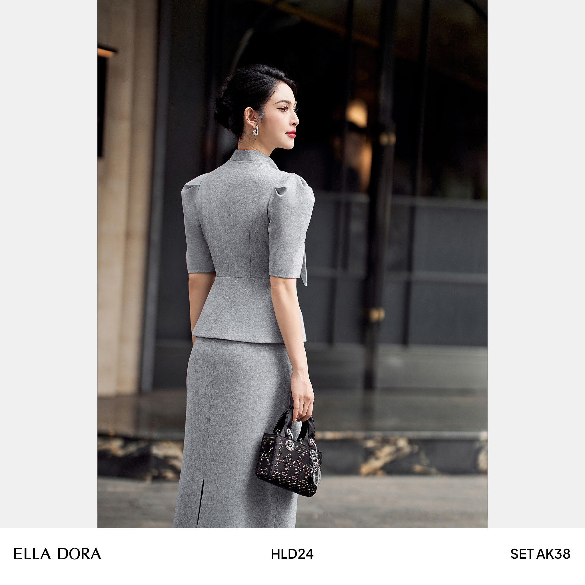 Set cổ nơ tay bồng xám