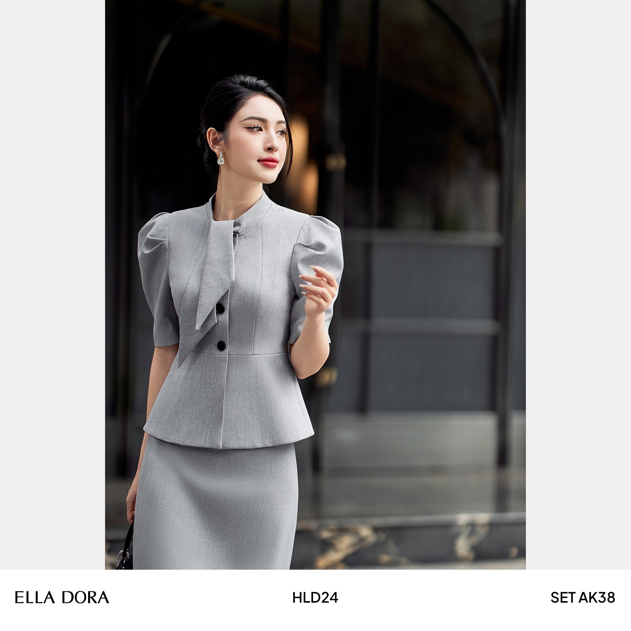 Set cổ nơ tay bồng xám