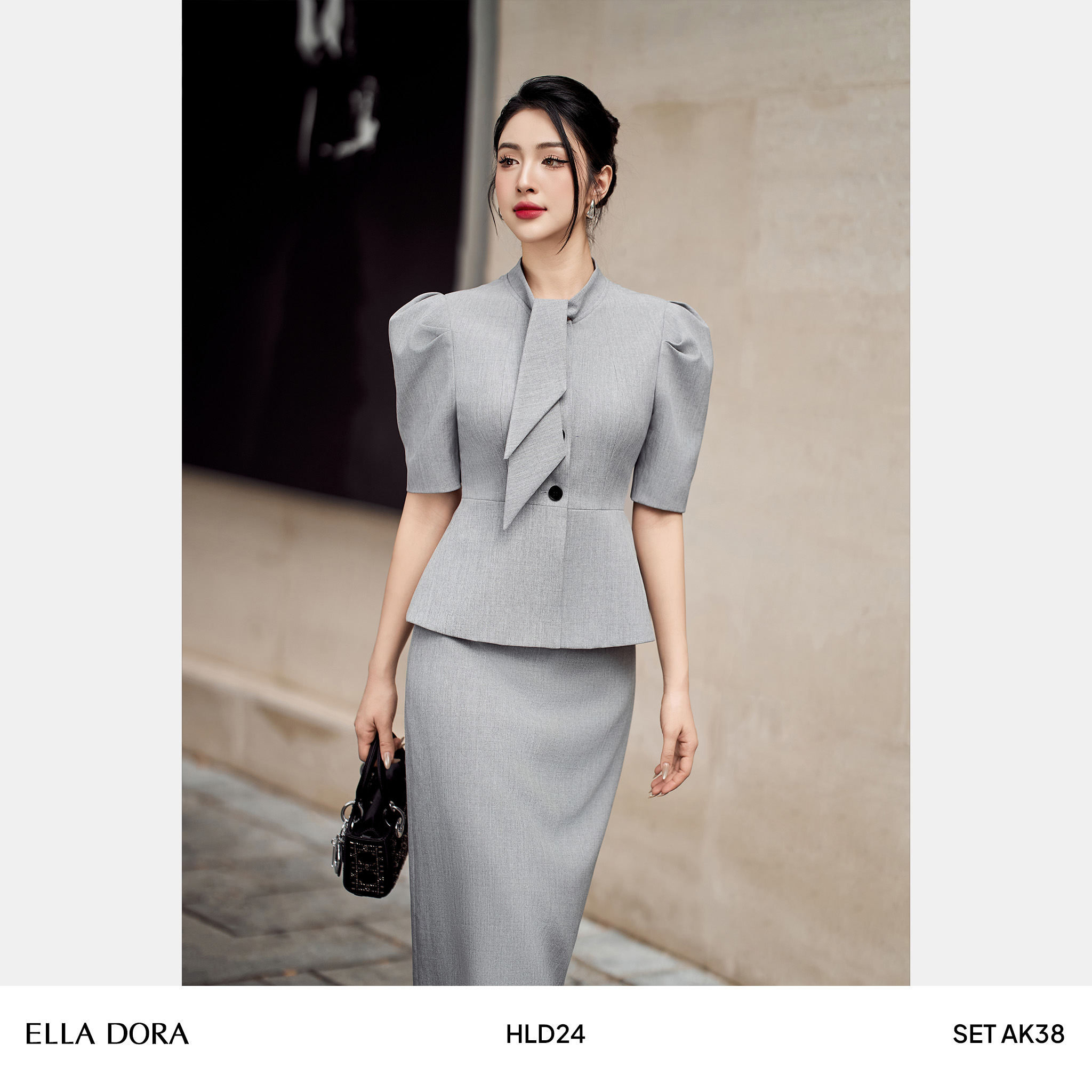 Set cổ nơ tay bồng xám