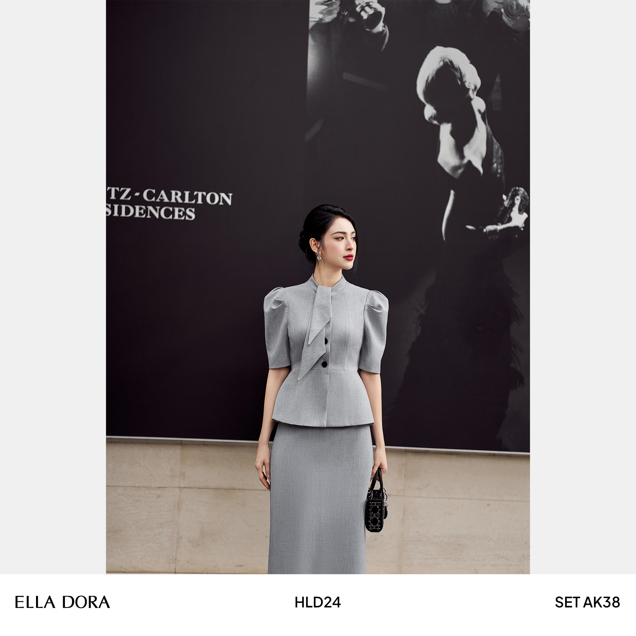 Set cổ nơ tay bồng xám