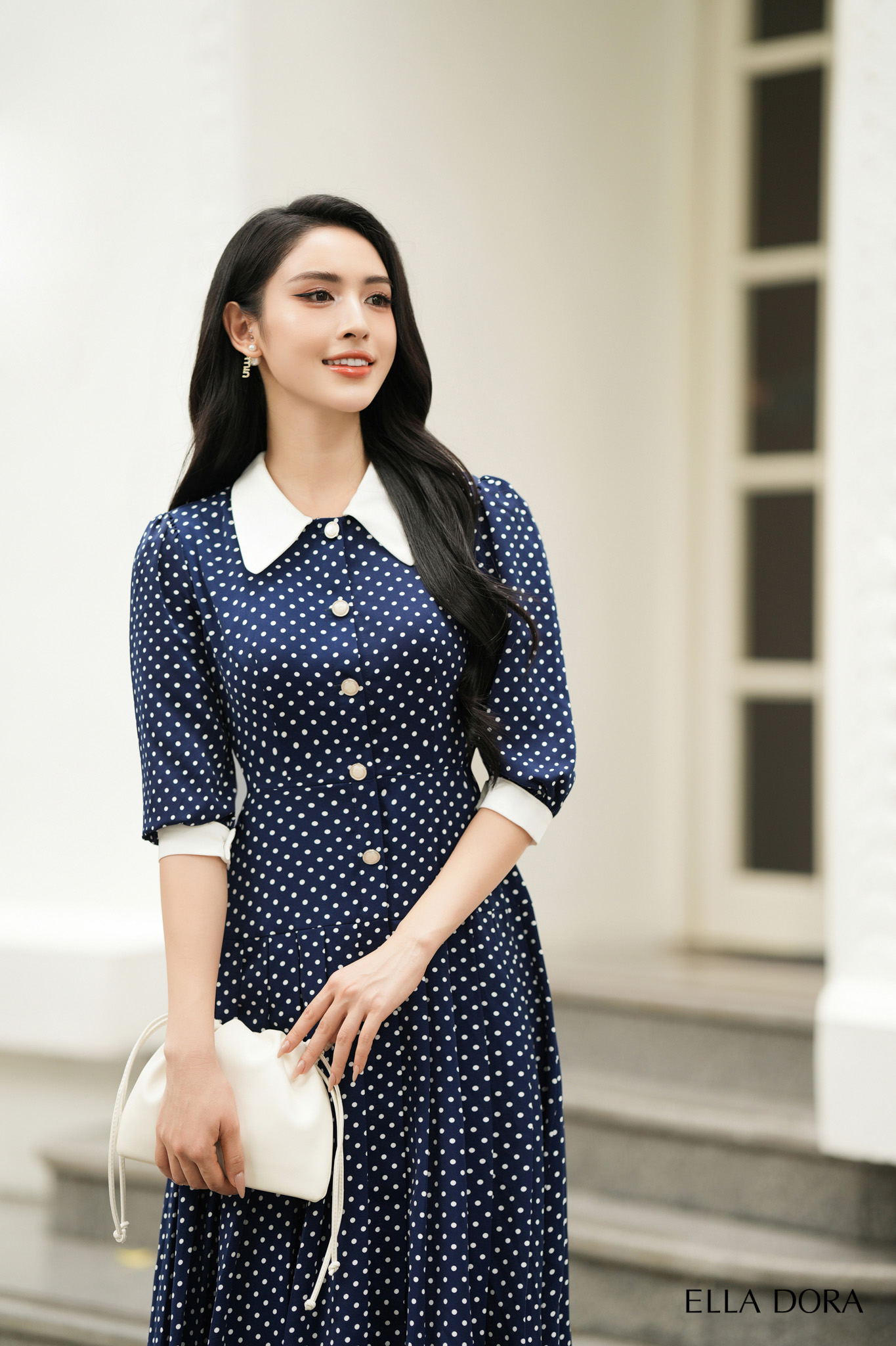 Đầm chấm bi xanh than