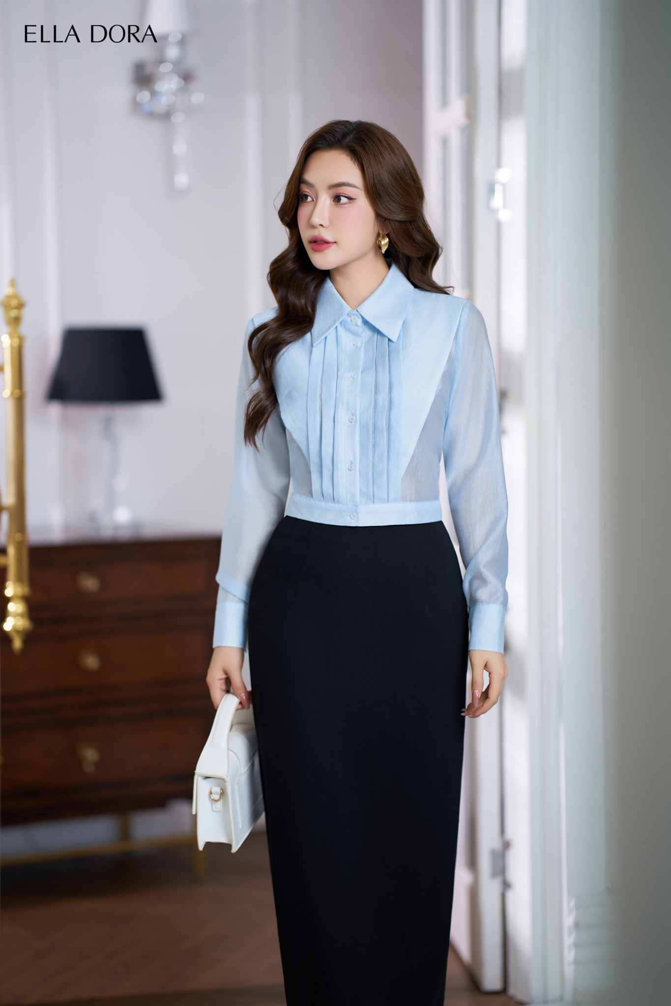 Sơ mi tơ xanh li ngực