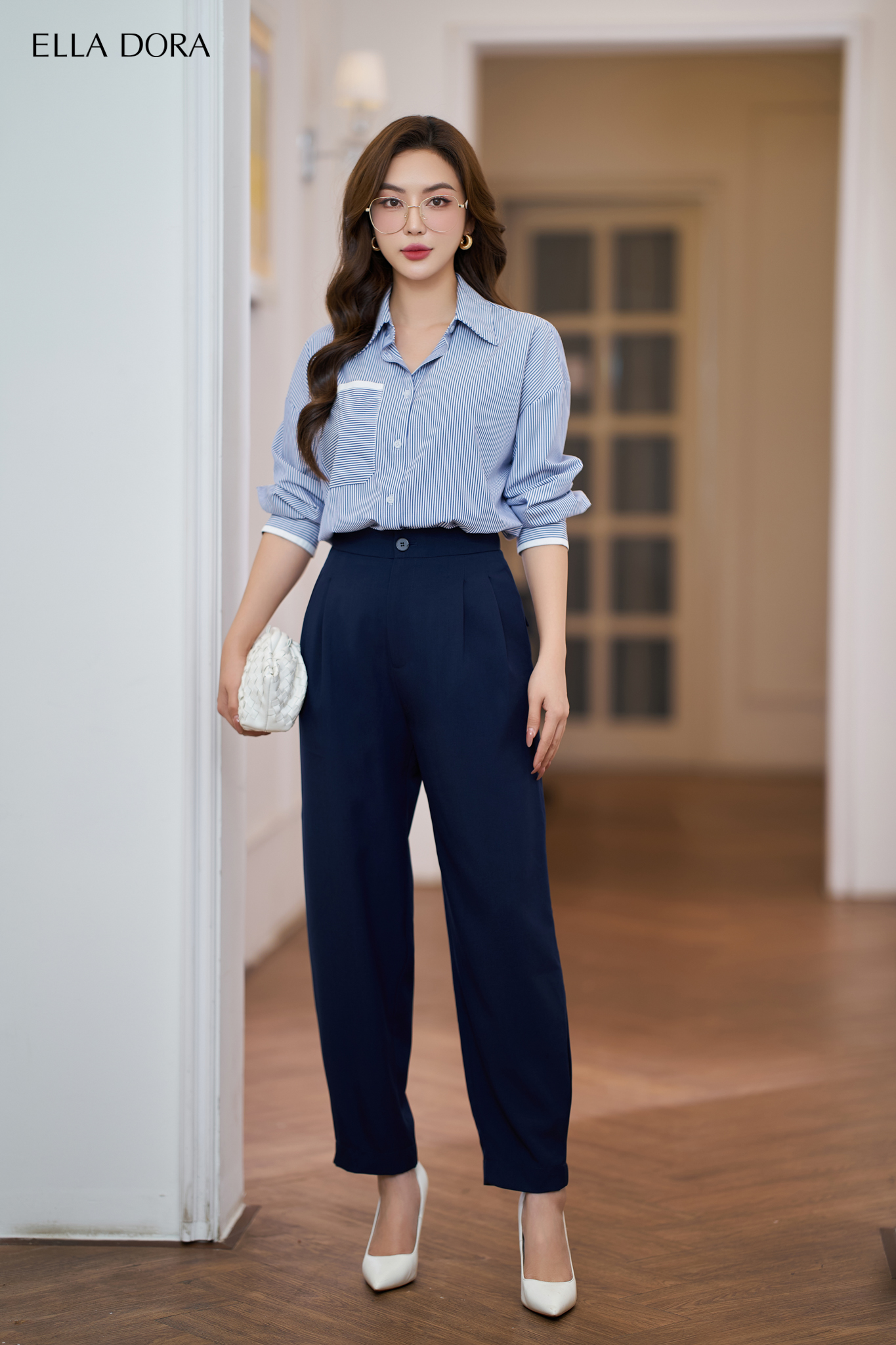 Sơ mi kẻ phối thô trắng