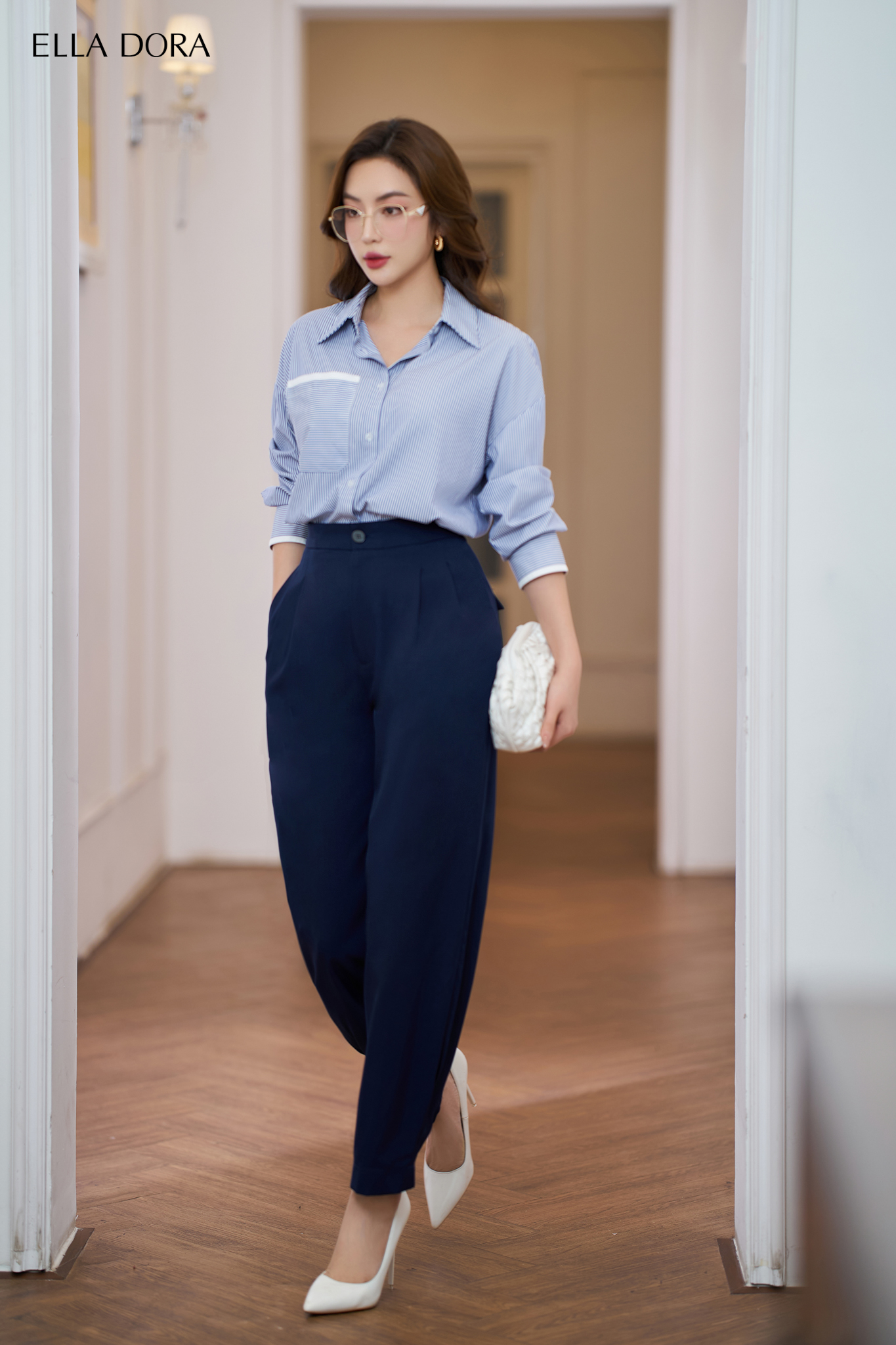 Sơ mi kẻ phối thô trắng