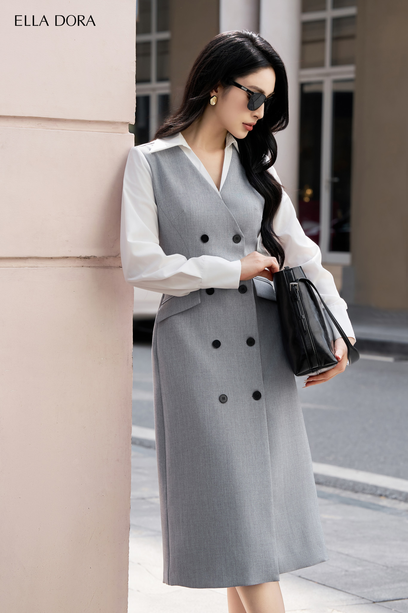 Đầm ghi xám phối cổ sơ mi