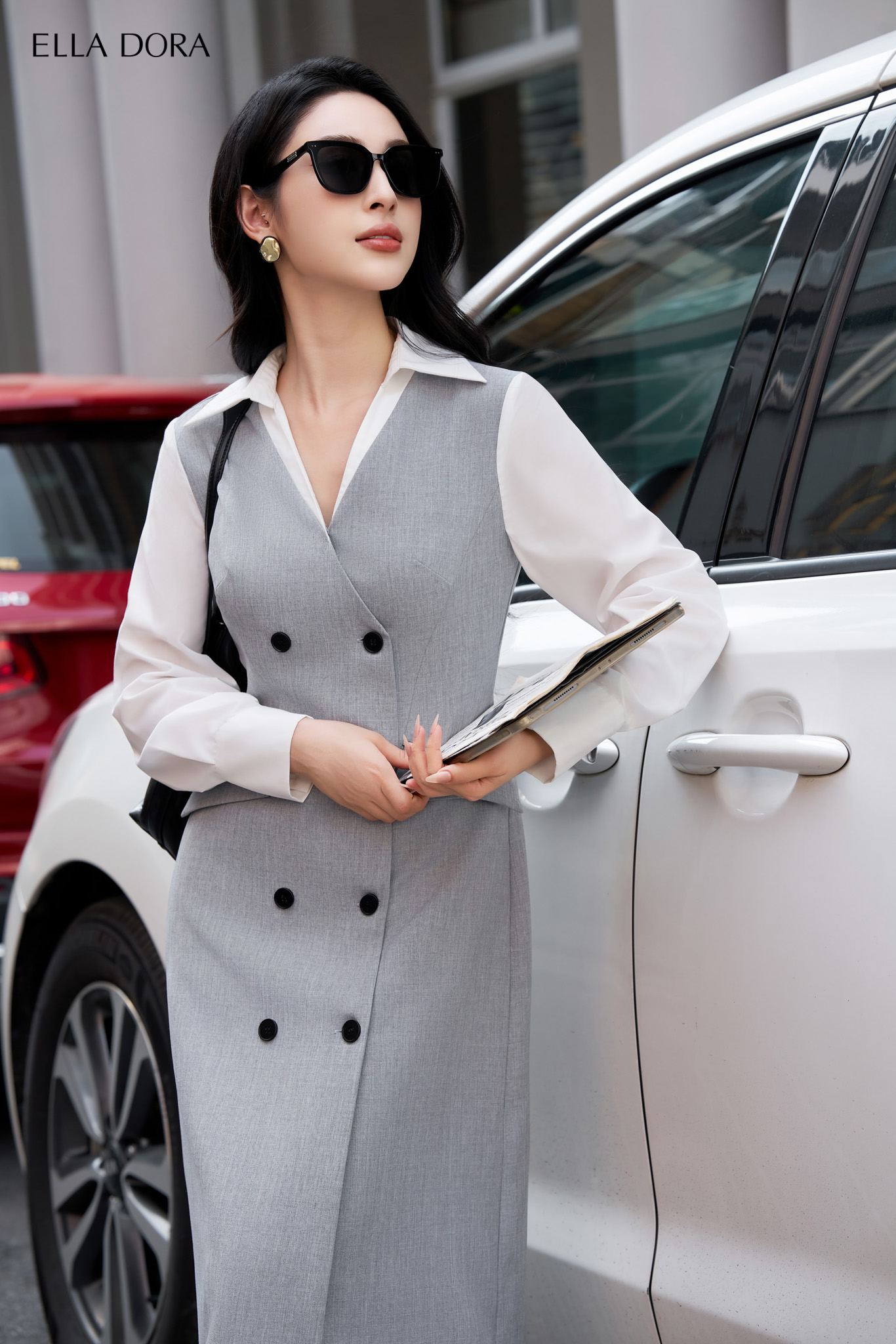 Đầm ghi xám phối cổ sơ mi